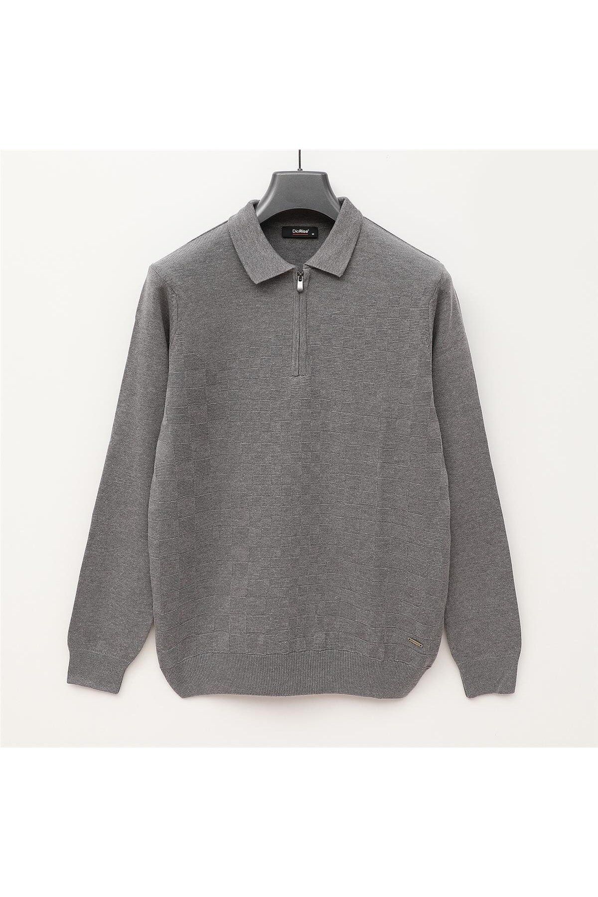 Dio Rise Erkek Şardonsuz Uzun Kol İnce Polo Yaka Sweatshirt - 189052 - Gri Melanj