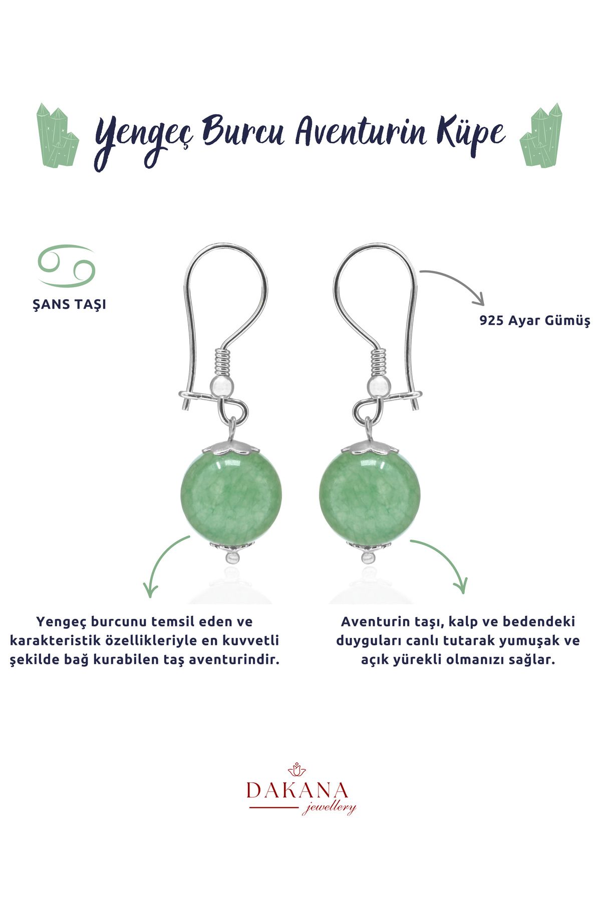 DAKANA JEWELLERY Sertifikalı Aventurin Doğal Taş Yengeç Burcu Gümüş Küpe