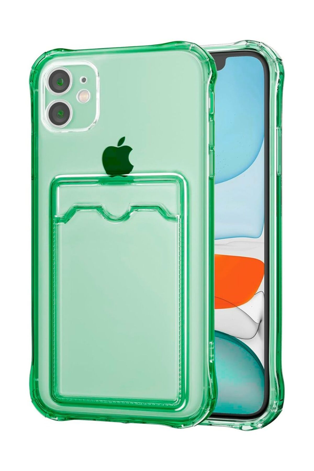 HANPORIUM Apple iPhone 12 Mini Kılıf Darbe Emici Köşe Korumalı Kartlıklı Cüzdanlı Silikon Kapak - Yeşil