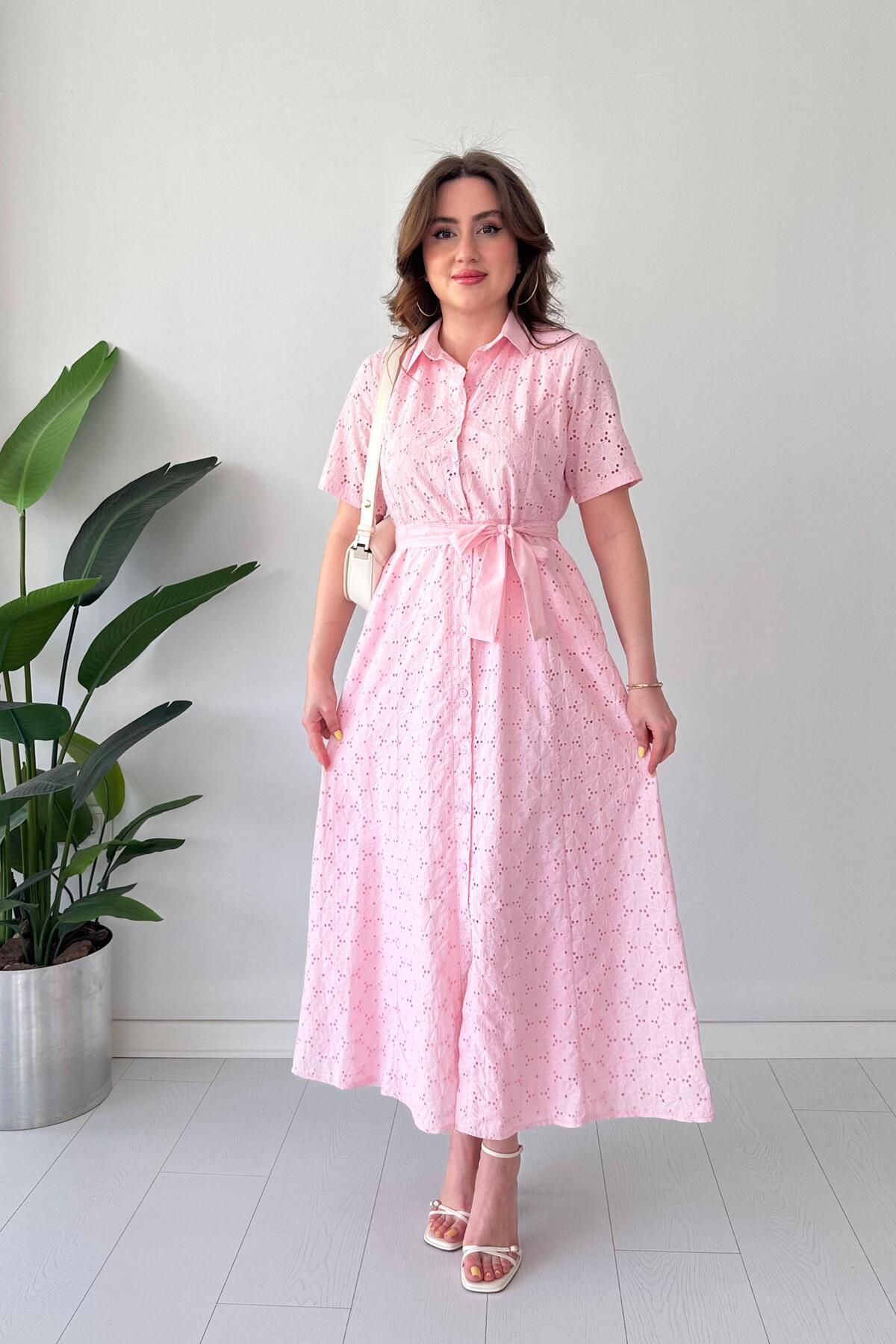 MaziButik Fisto Gömlek Elbise Pembe