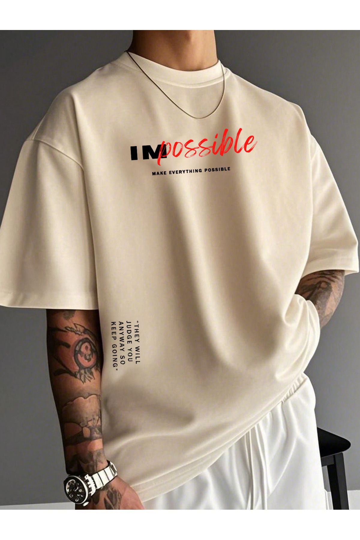 EFFRENATU İmkansız Baskılı Yazlık Pamuklu Kumaş Bisiklet Yaka Bej Kısa Kol Erkek T-shirt