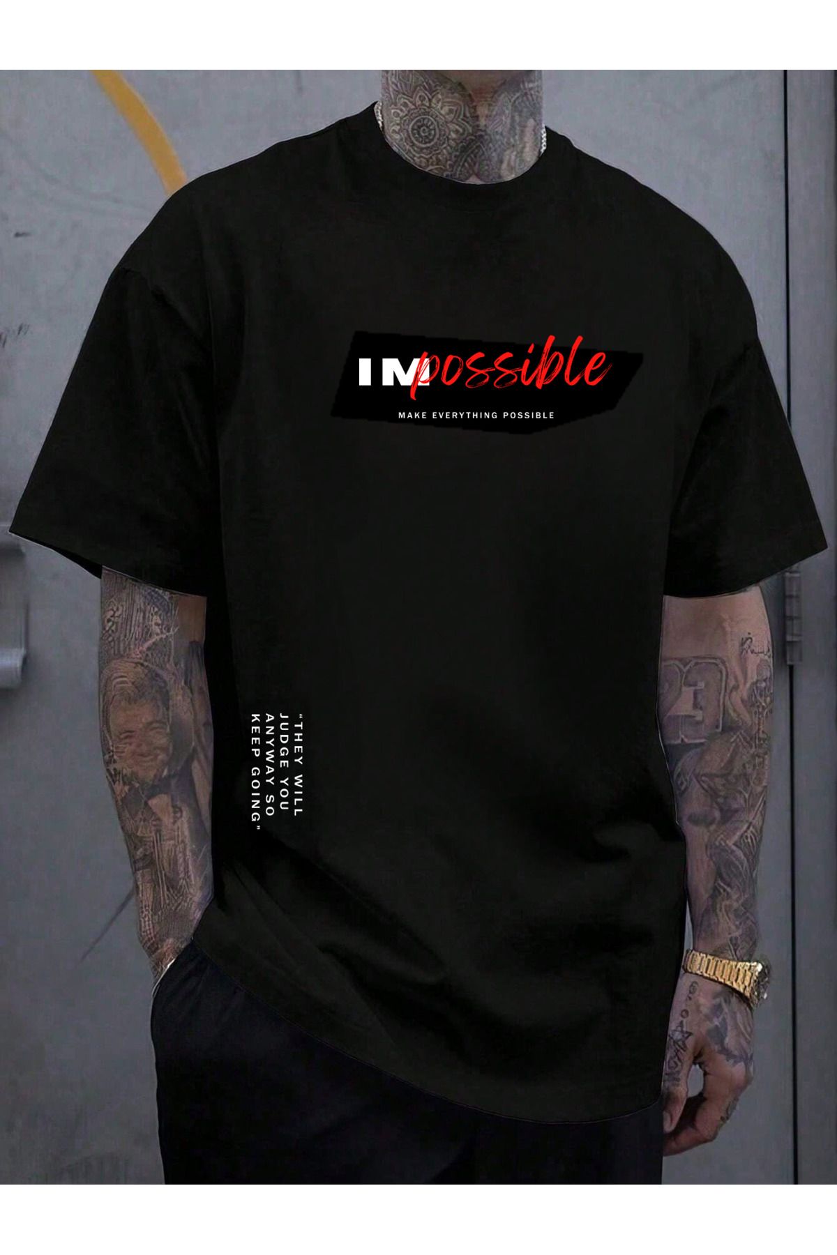 EFFRENATU İmkansız Baskılı Yazlık Pamuklu Kumaş Bisiklet Yaka Siyah Kısa Kol Erkek T-shirt
