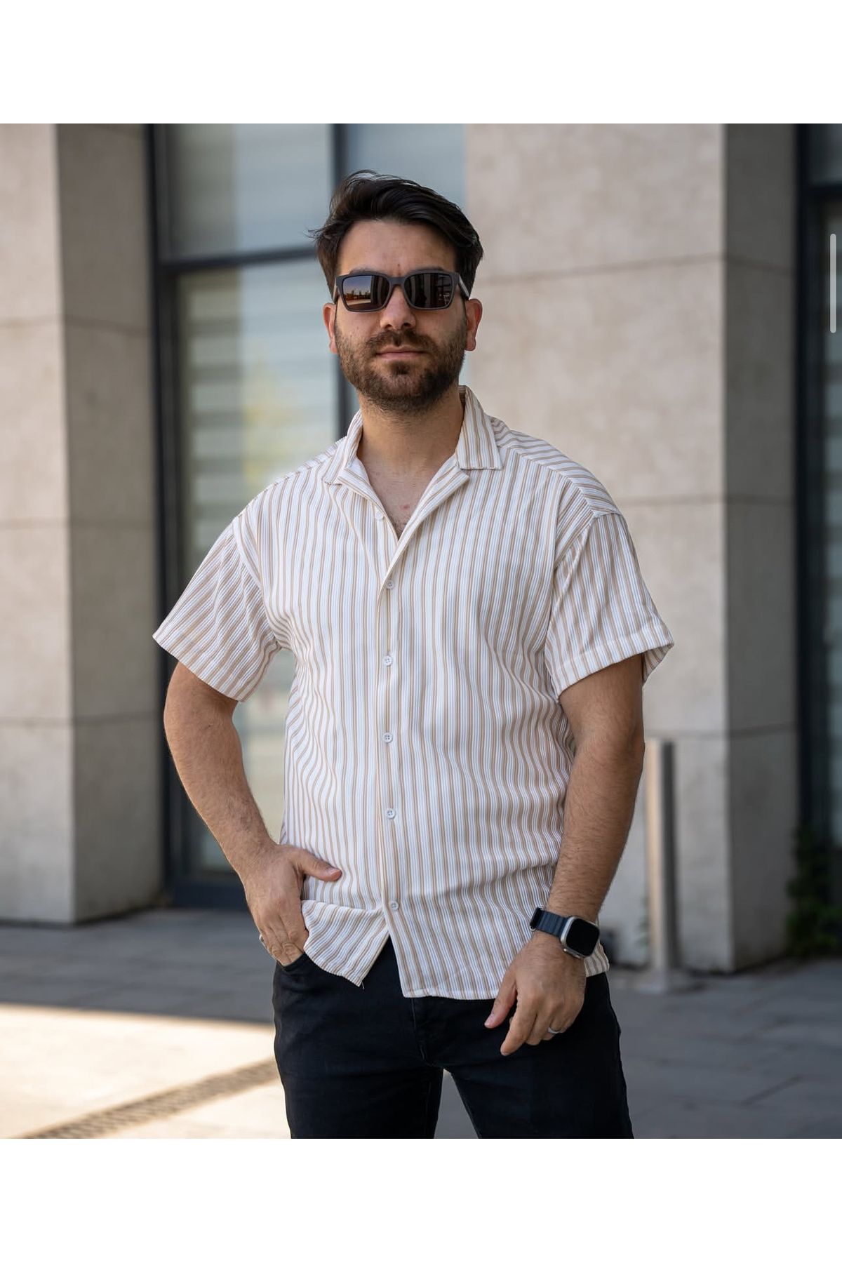 MODA KISA KOL ÇİZGİLİ GÖMLEK