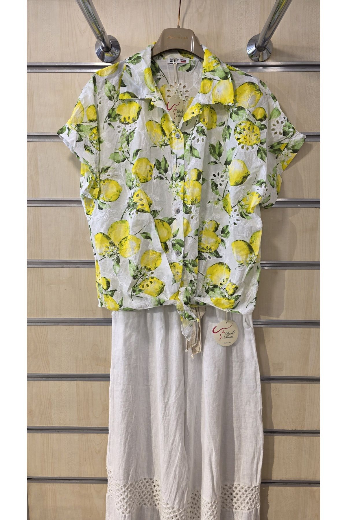 Park Moda İtalyan Gömlek Limon Desen Fistolu Bağlamalı