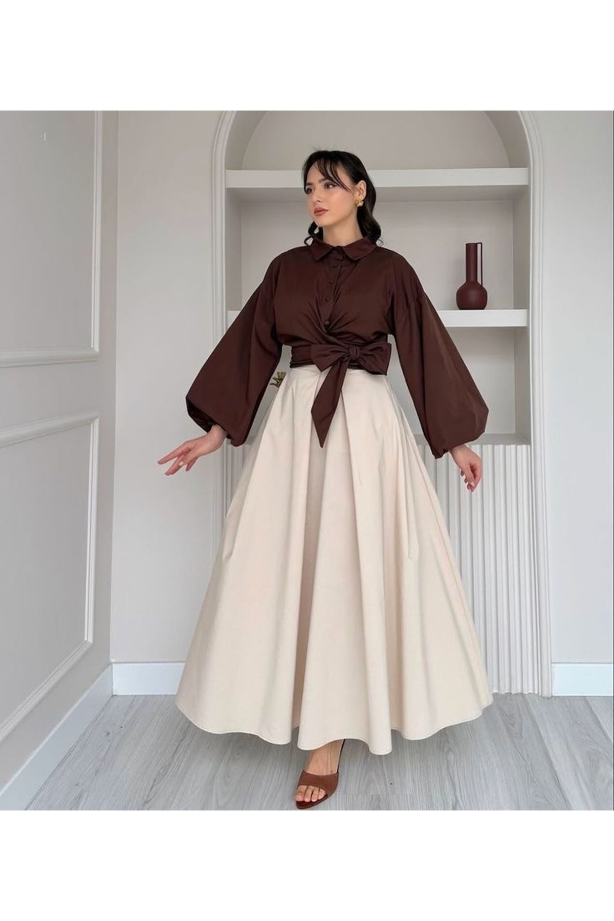 UYN SPORT 2li Siyah-Bej Poplin Kumaş Rahat Kesim Etek