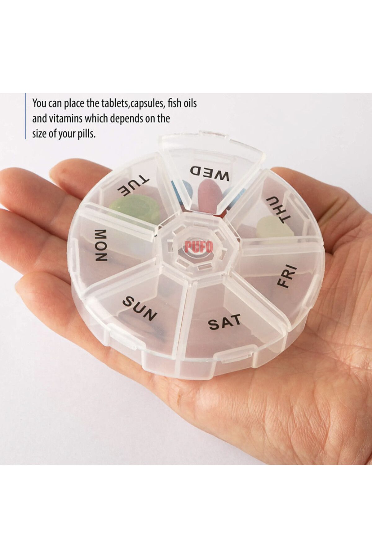 PUFO-Round box for organizing medicines, vitamins or supplements for a week, Pufo Pill, 9 cm, transparent 3