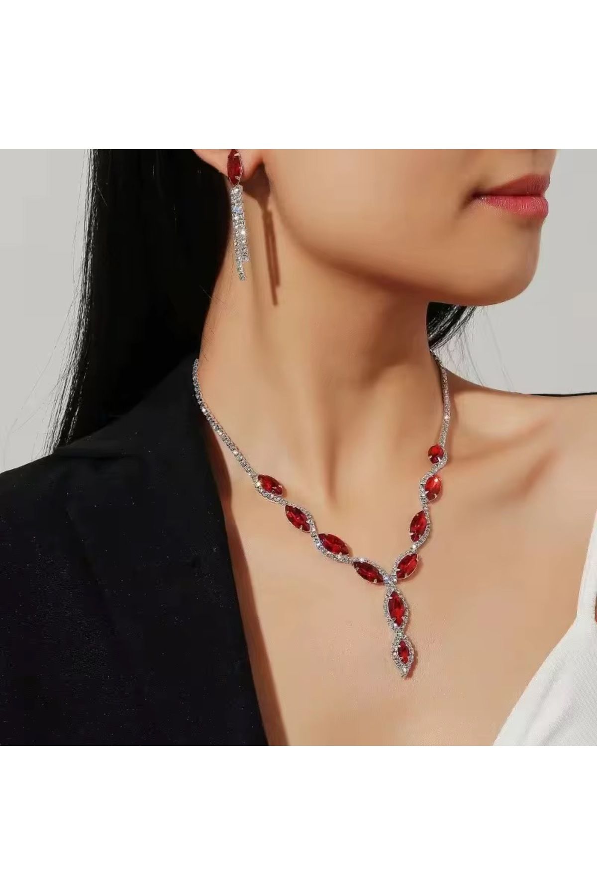 BEREN KILIÇ Defne Kristal Kırmızı Taşlı Takı Seti Kolye Küpe Hediye Set Düğün Nişan Söz Nikah Takı Seti