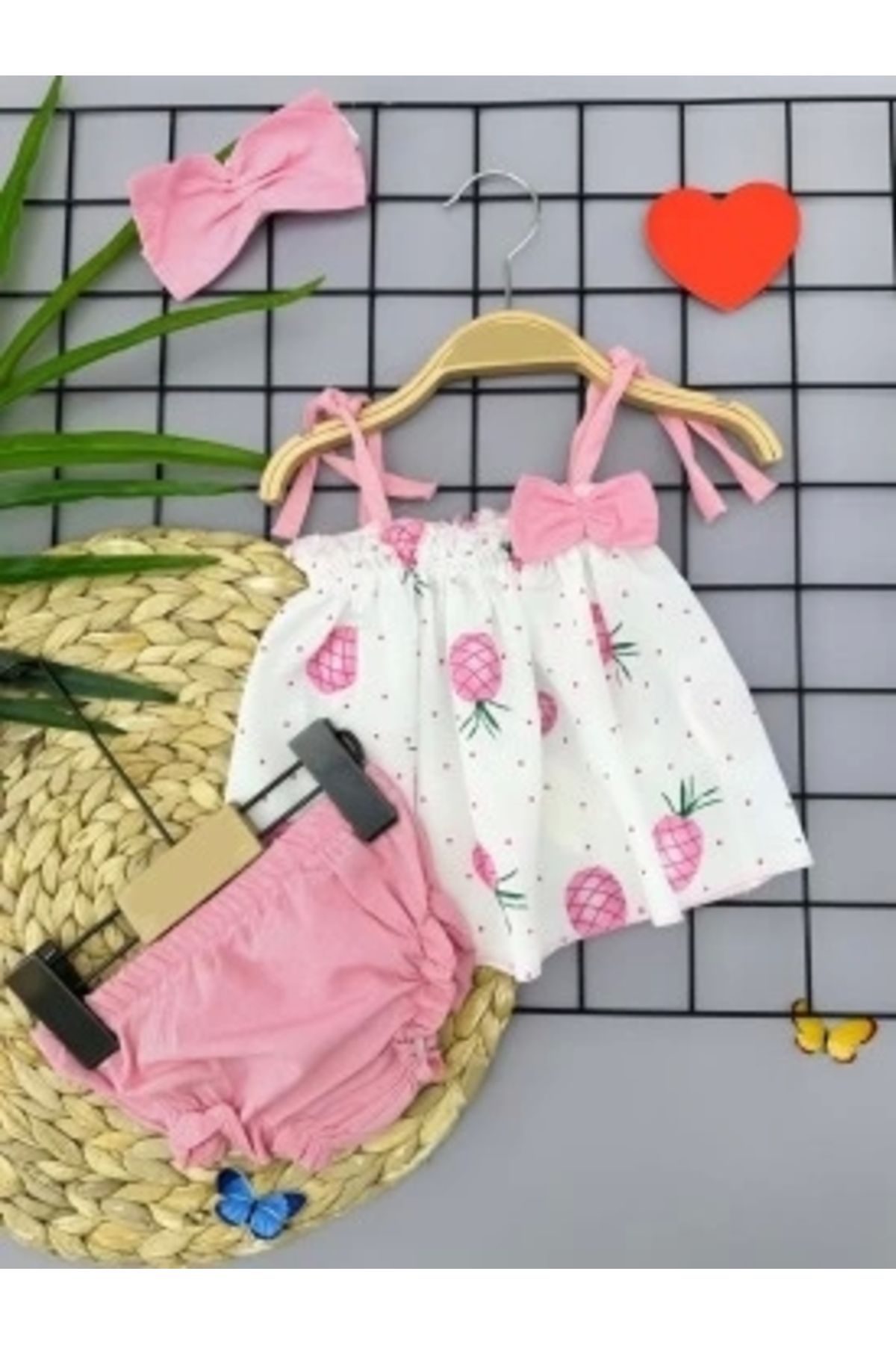 Diji Baby 3-6-9-12 Ay Bandajlı Ve Kilotlu Ananas Desenli Askılı 3lü Kız Bebek Elbisesi