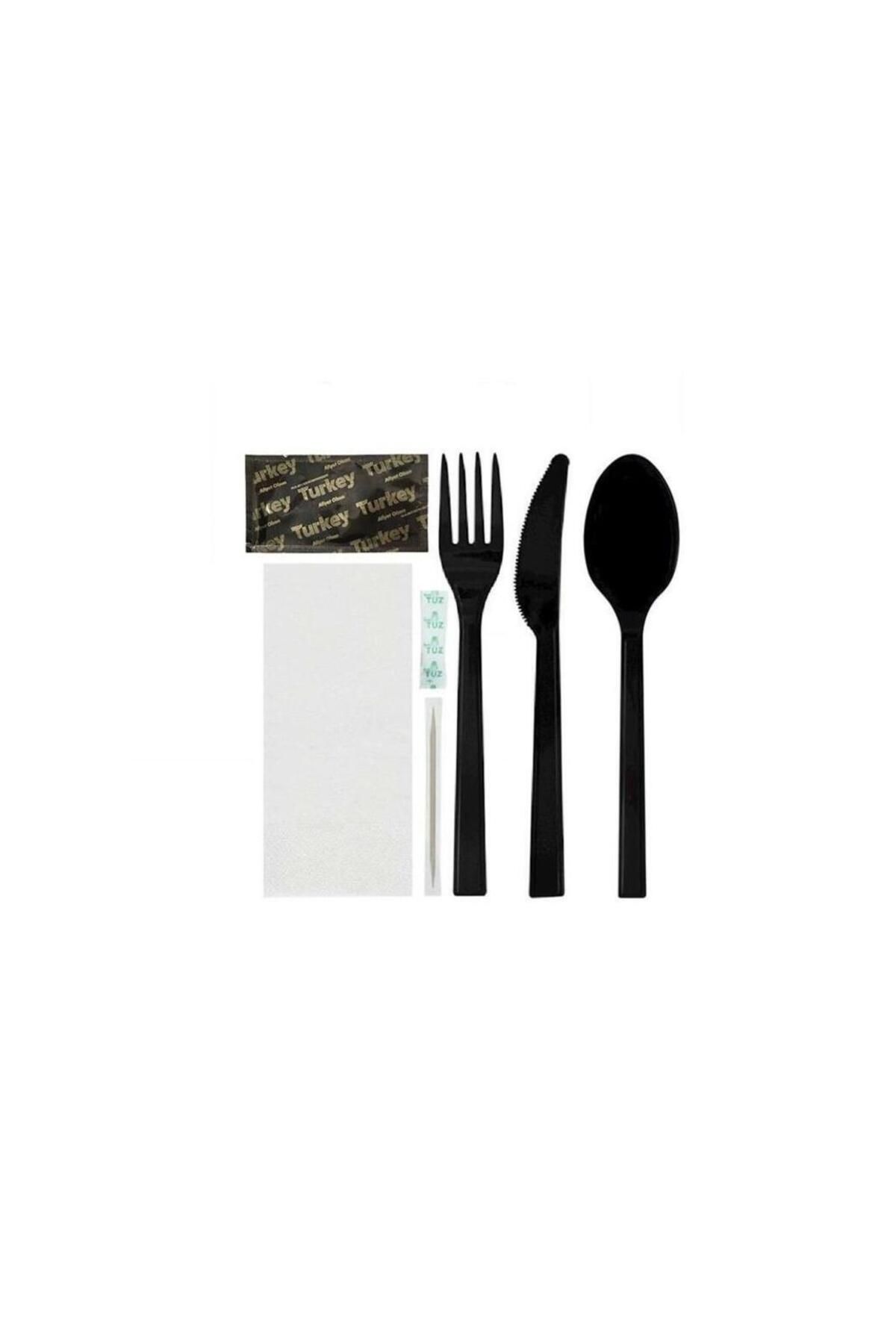 PRATİK SHOP 100 Adet Lux Kullan At Kaşık, Bıçak, Çatal, Peçete, Kürdan, Tuz, Islak Mendil 7 Li Yemek Seti