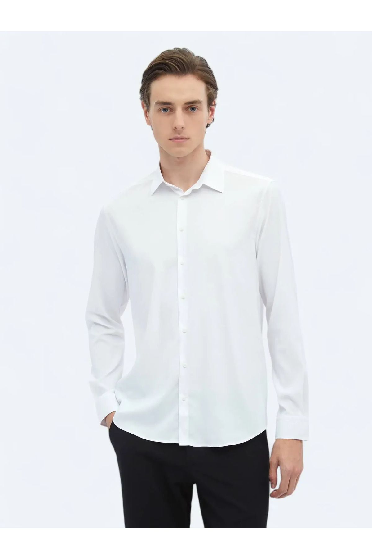 Kip Beyaz Düz Regular Fit Dokuma Casual Gömlek