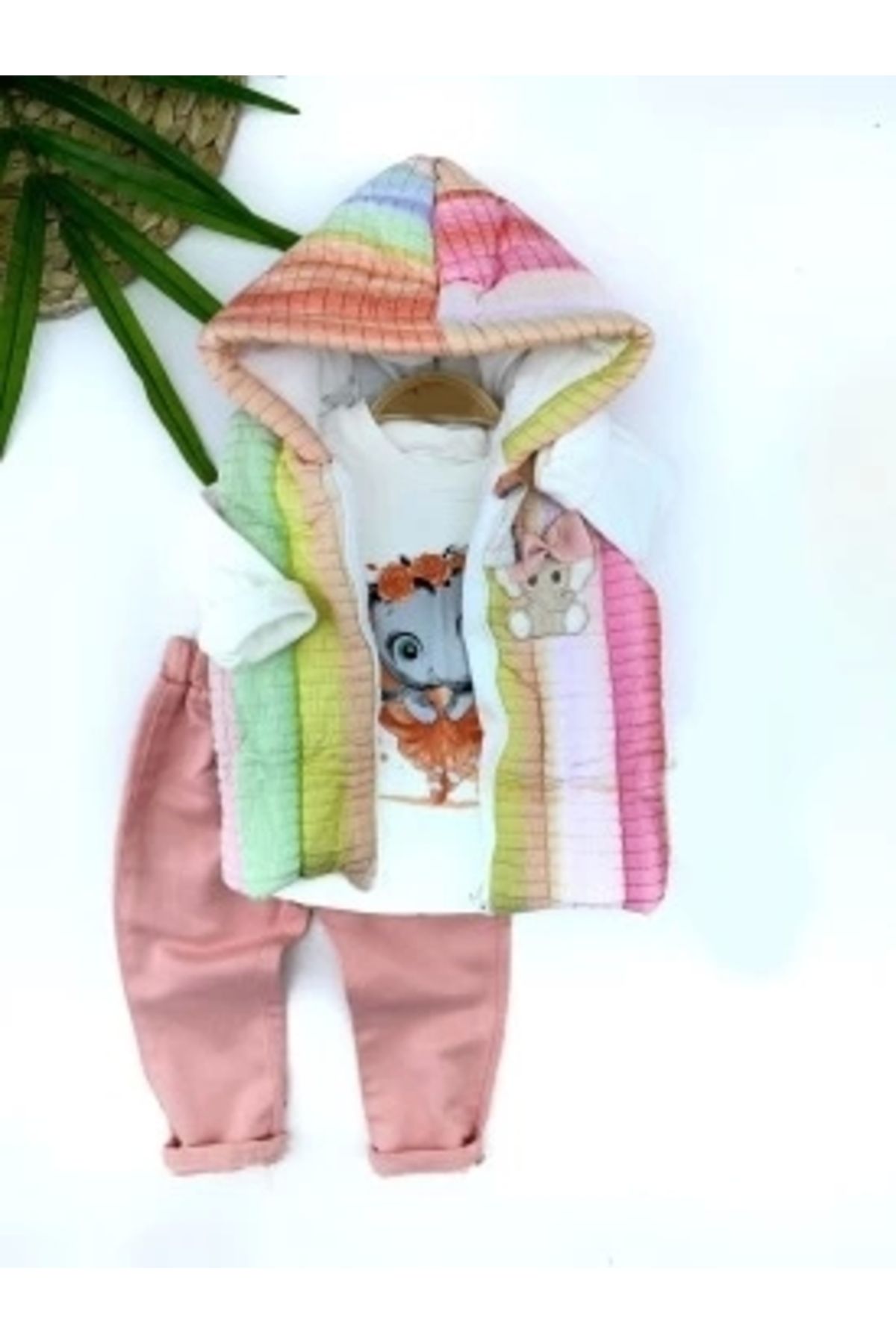 Diji Baby 9-12-18-24 Ay Kapşonlu Fermuarlı Gökkuşağı Şişme Yelek Sweat Pantolonlu 3lü Kız Erkek Bebek Takımı