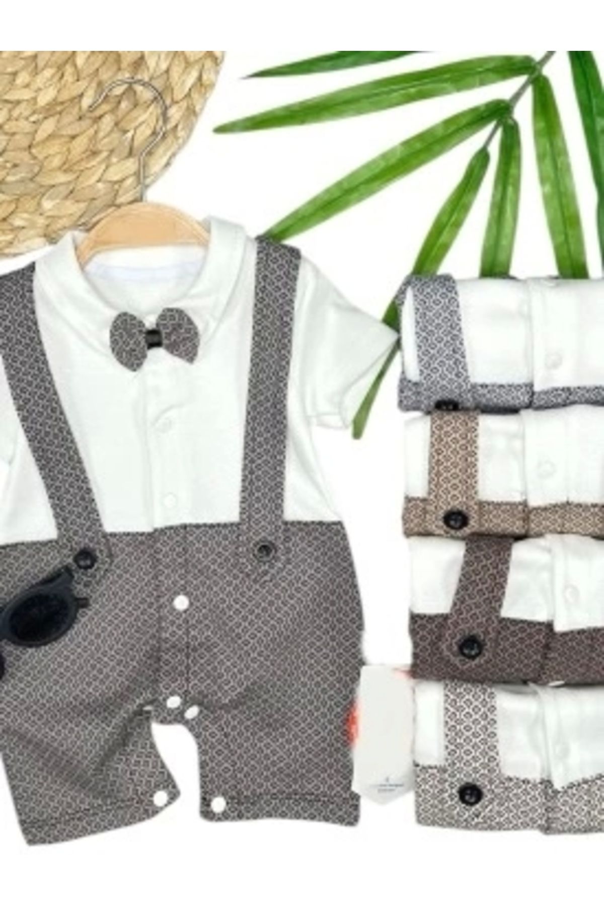 Diji Baby 3-6-9-12 Ay Papyon Detaylı Piti Kare Baskılı Salopet Görünümlü Erkek Bebek Tulumu