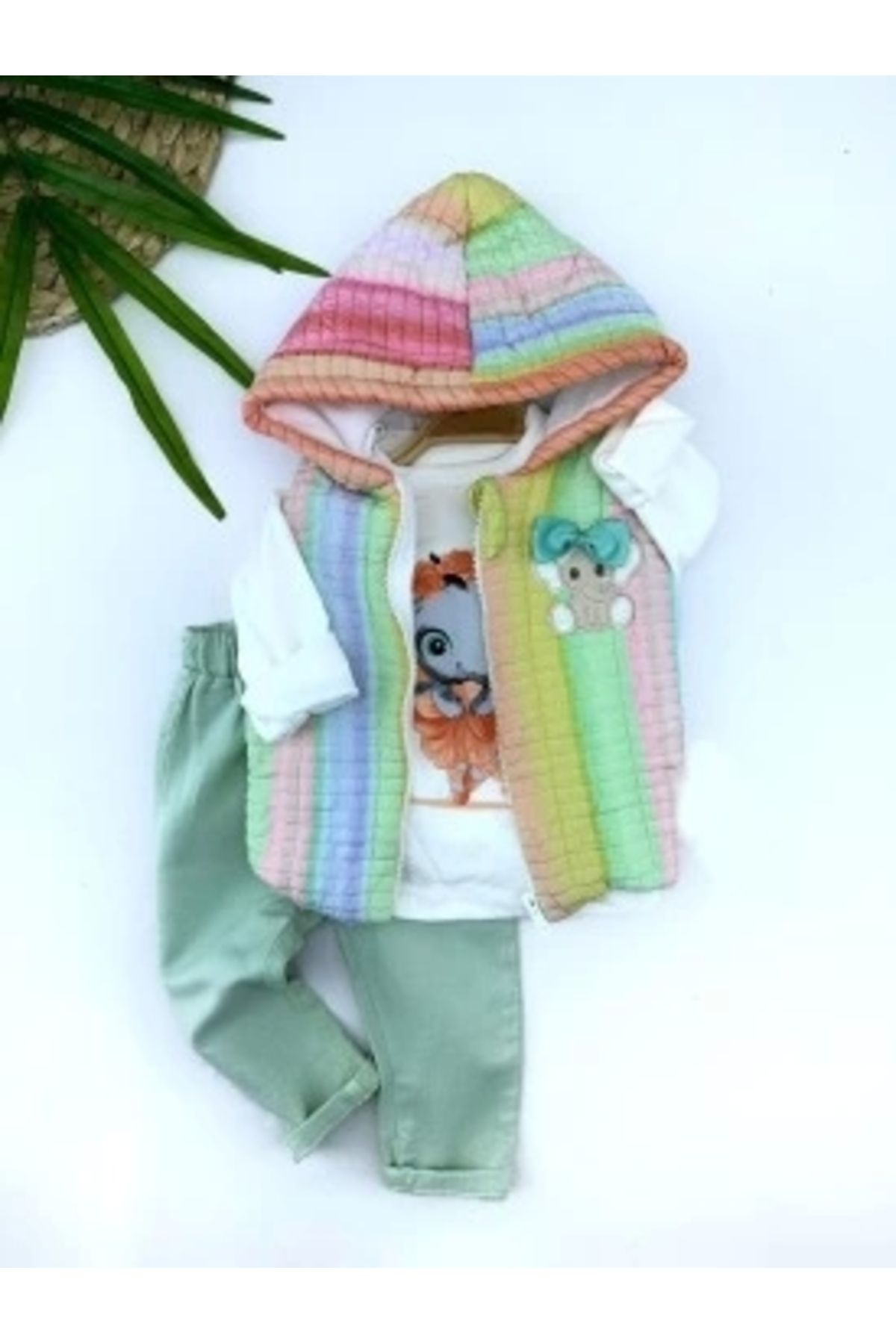 Diji Baby 9-12-18-24 Ay Kapşonlu Fermuarlı Gökkuşağı Şişme Yelek Sweat Pantolonlu 3lü Kız Erkek Bebek Takımı