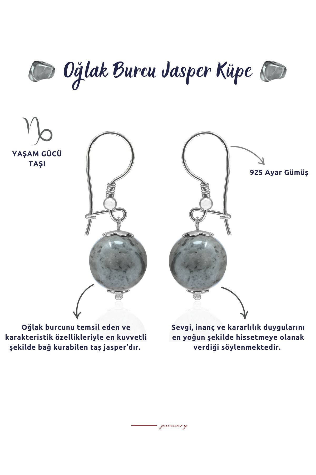 DAKANA JEWELLERY Sertifikalı Gri Jasper Doğal Taş Oğlak Burcu Gümüş Küpe