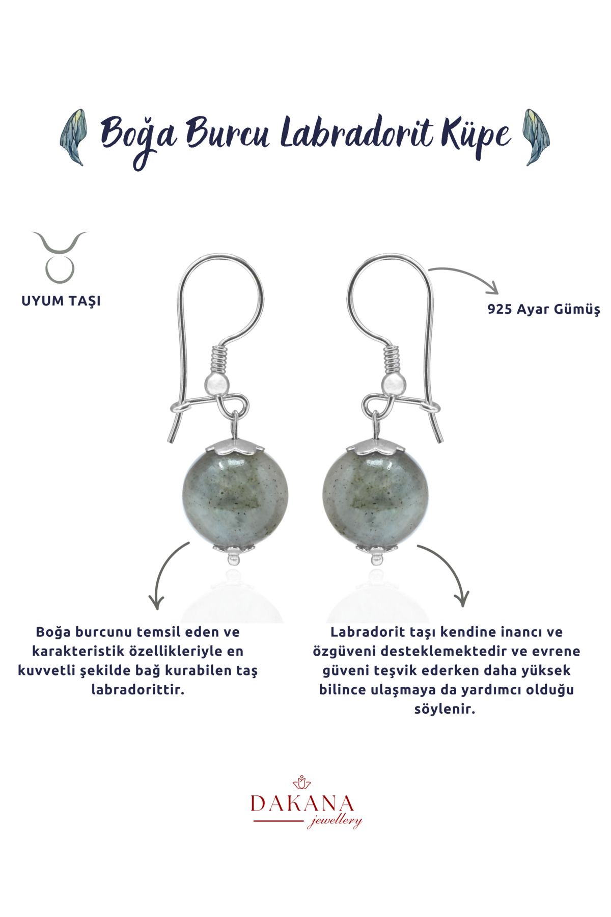 DAKANA JEWELLERY Sertifikalı Labradorit Doğal Taş Boğa Burcu Gümüş Küpe
