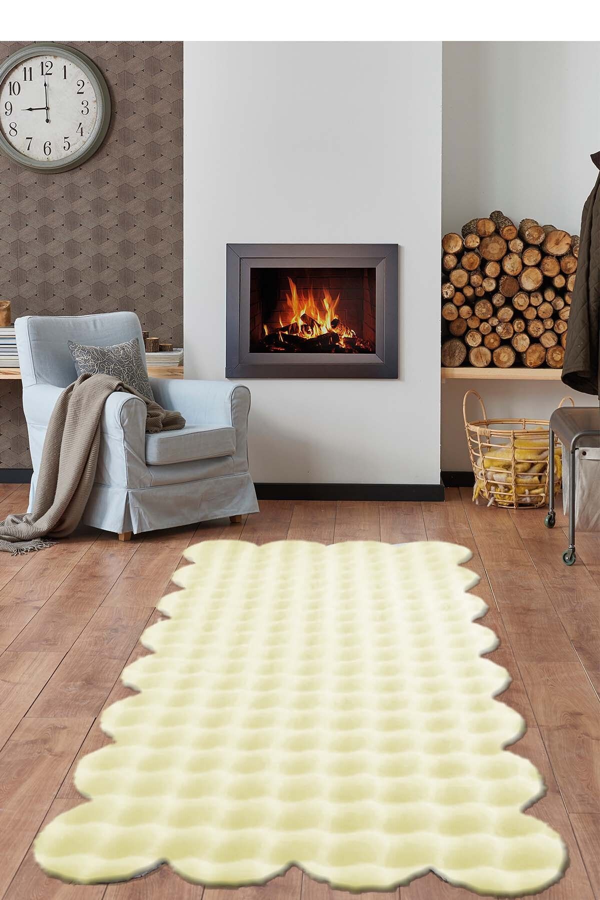Raschel Carpet Lazer Kesim Krem Yumuşak Bubble Kaymaz Özel Taban Peluş Halı Yolluk