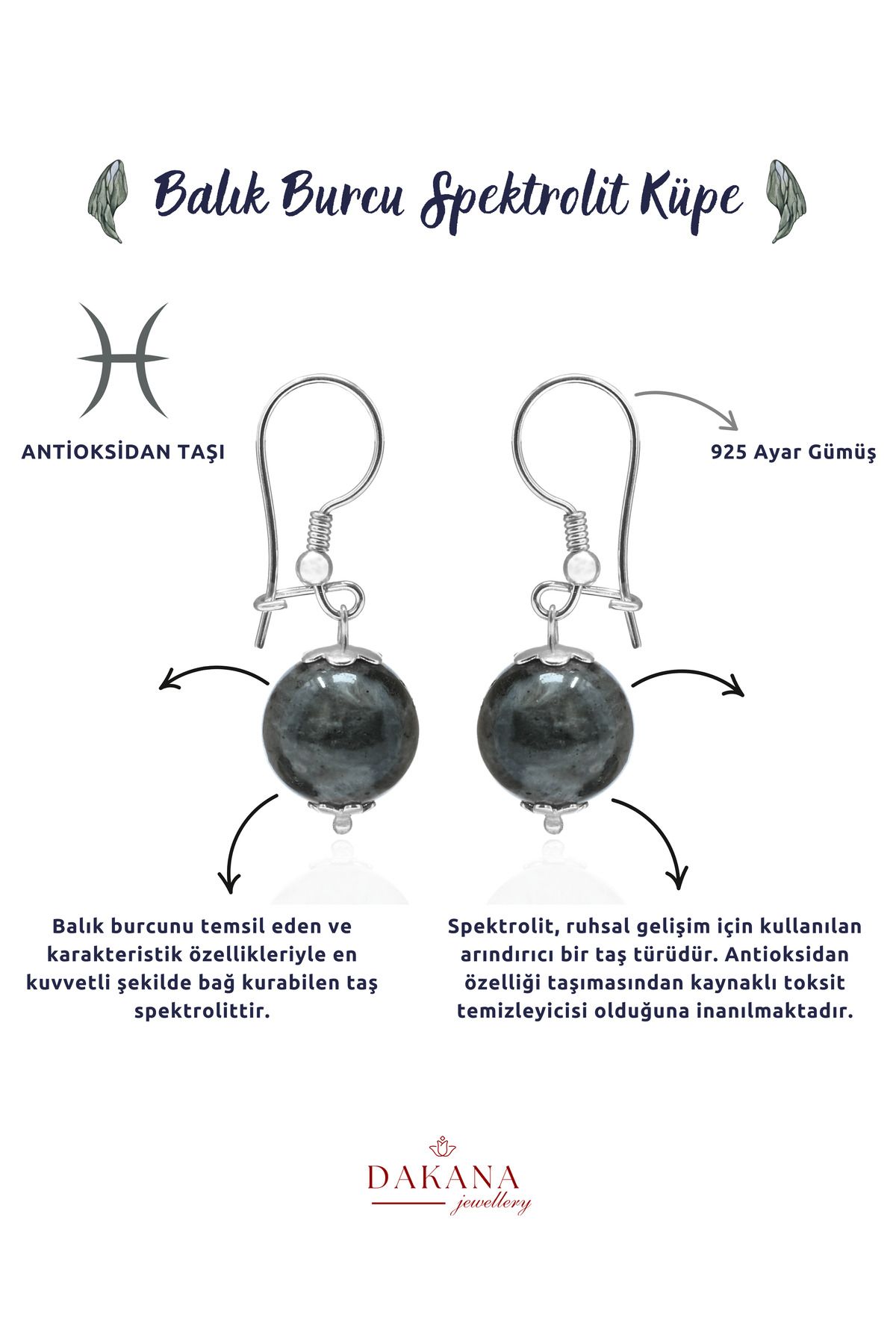 DAKANA JEWELLERY Sertifikalı Spektrolit Doğal Taş Balık Burcu Gümüş Küpe
