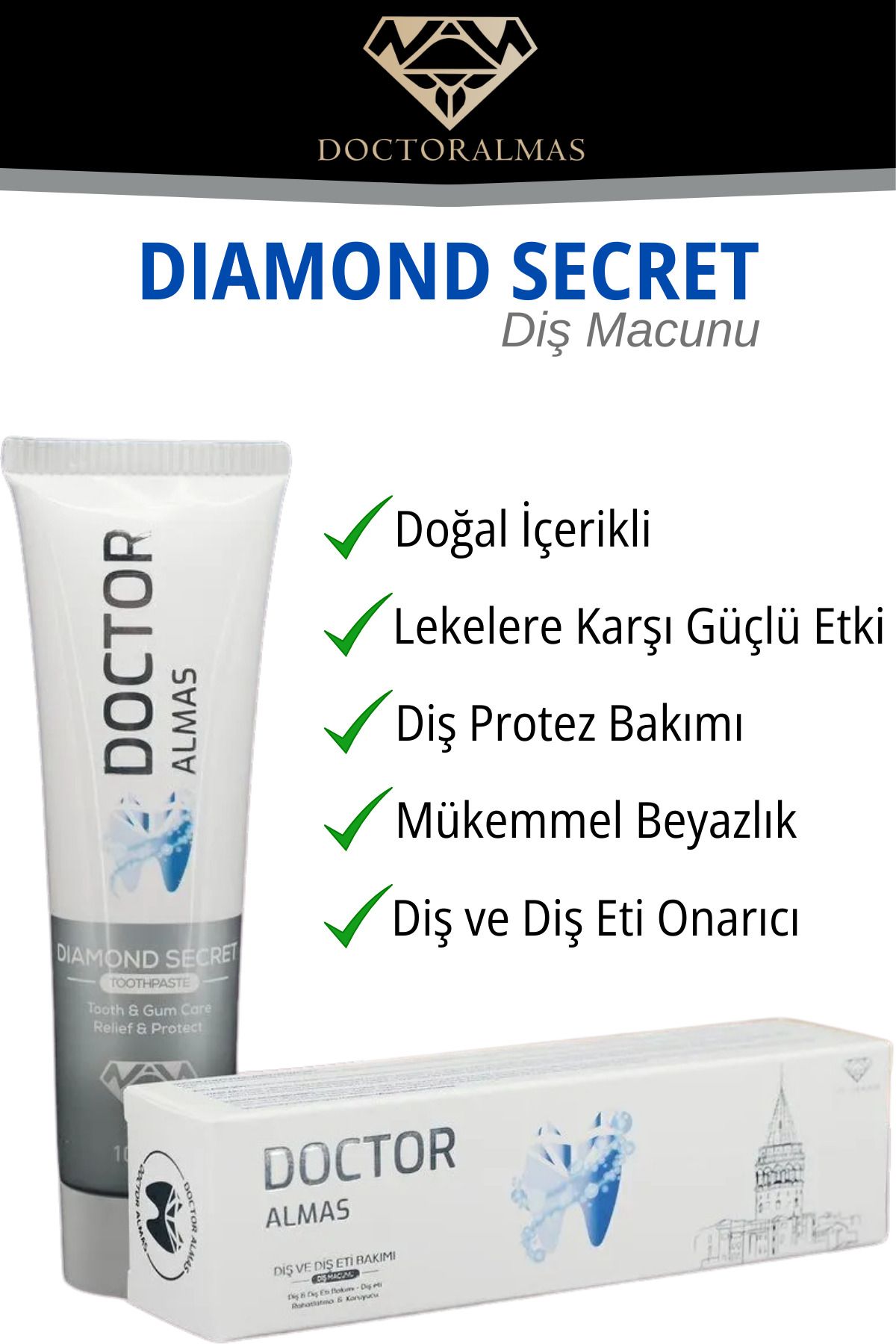 Doctor Almas Diamond Secret | Bitkisel Diş Macunu | Estetik Kaplamalara Uyumlu | Doğal Beyazlık & Ferahlık