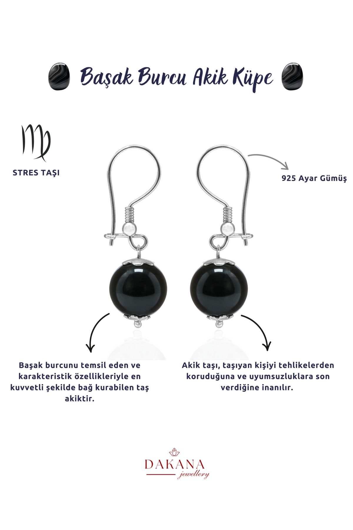 DAKANA JEWELLERY Sertifikalı Akik Doğal Taş Başak Burcu Gümüş Küpe