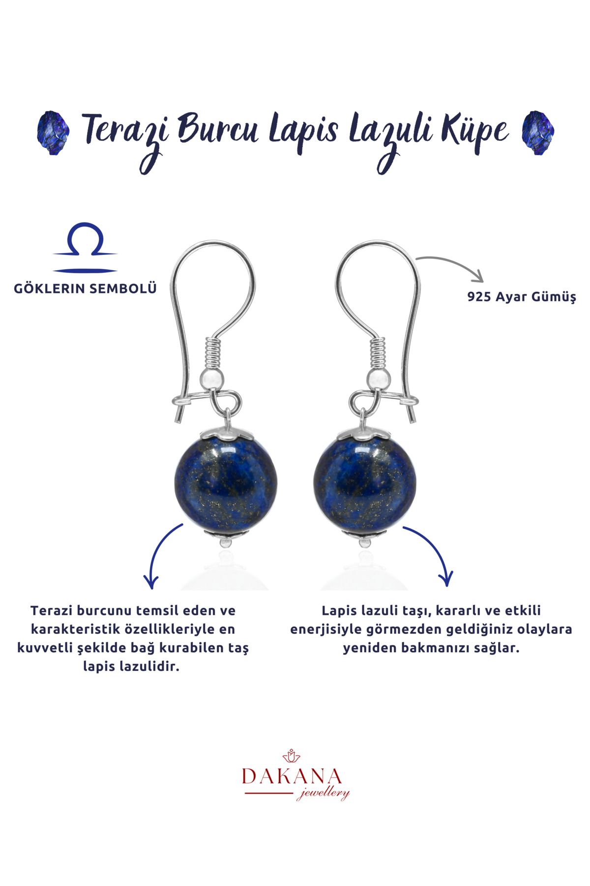 DAKANA JEWELLERY Sertifikalı Lapis Lazuli Doğal Taş Terazi Burcu Gümüş Küpe