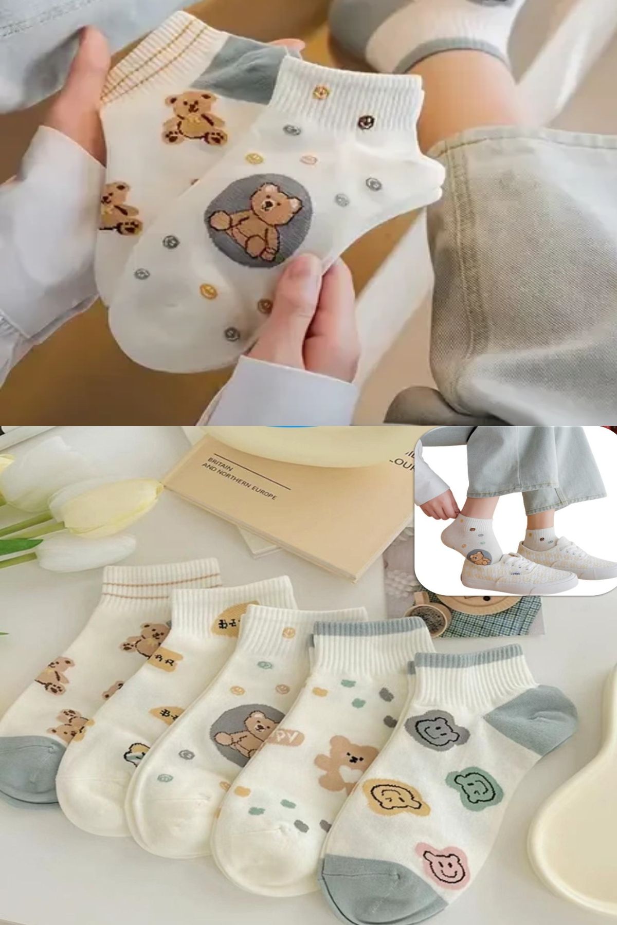 Esinti 5 Çift Kadın Çorap Mutlu Ayıcık Desenli Bilek Boy Beyaz Çorap Yazlık Patik Çorap