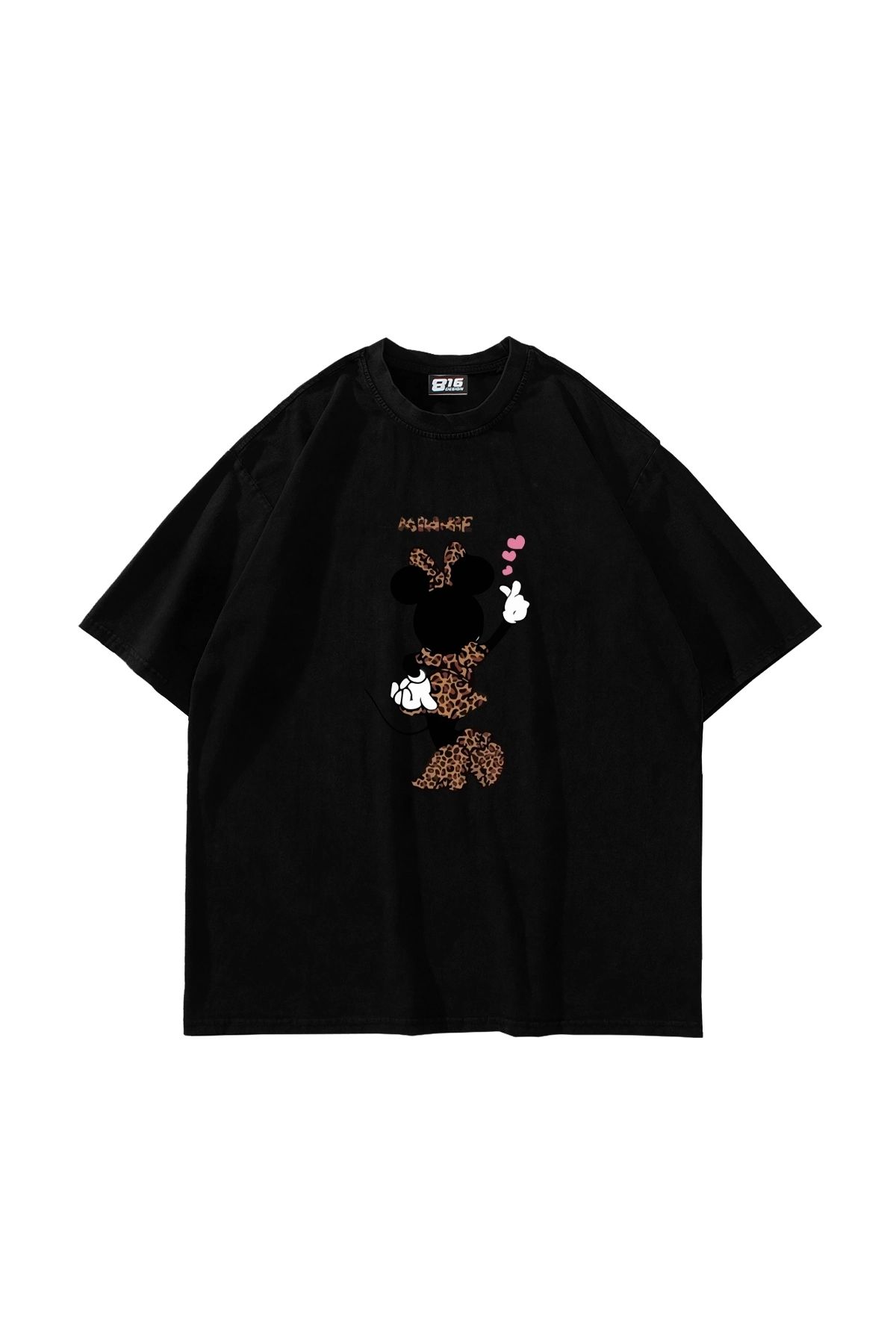 Sekizbiraltı Minnie Baskılı Oversize Unisex Siyah Tshirt