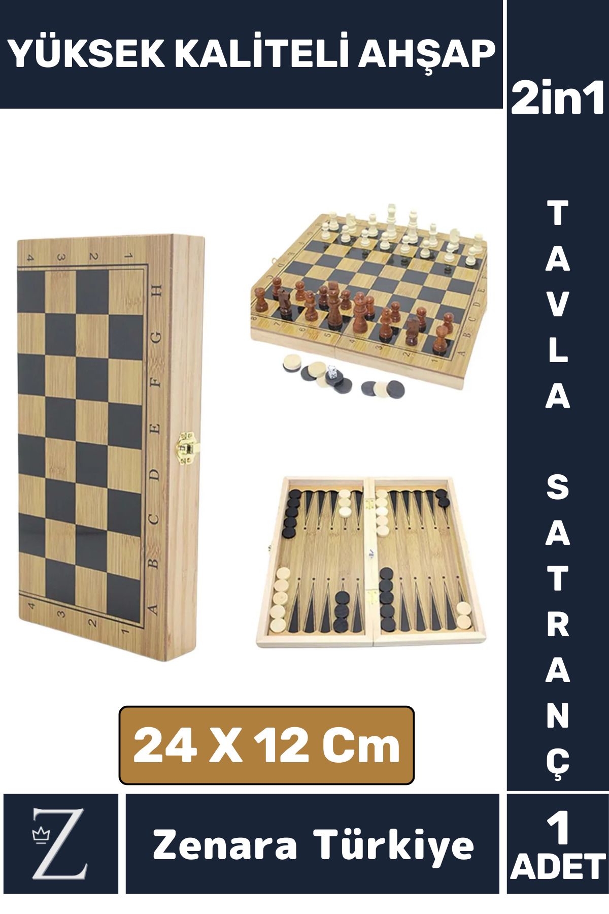 Zenara Premium Dayanıklı Ahşap Arkadaş Oyun Hediyelik Ahşap Tavla Satranç 2 in 1 Oyun Seti 24 X 12 Cm