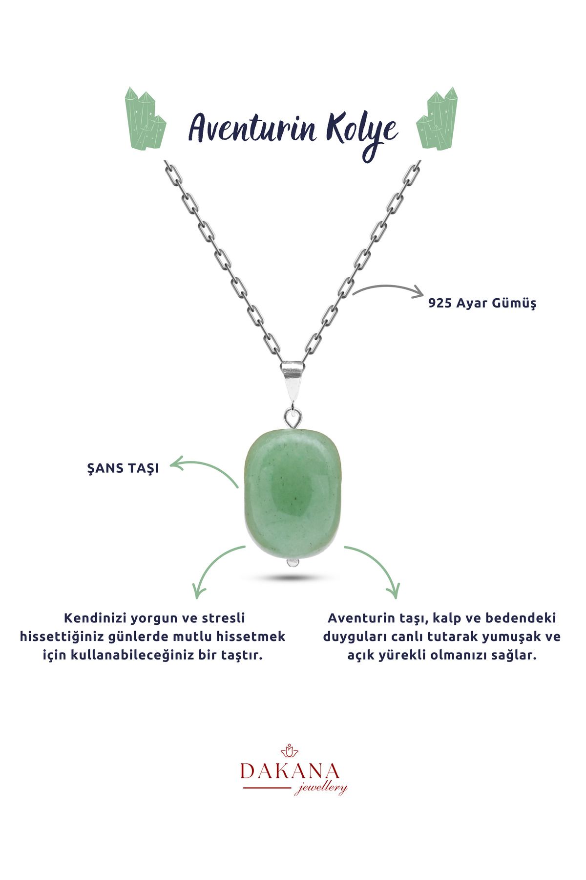 DAKANA JEWELLERY Sertifikalı Oval Kesim Aventurin Doğal Taş Gümüş Kolye