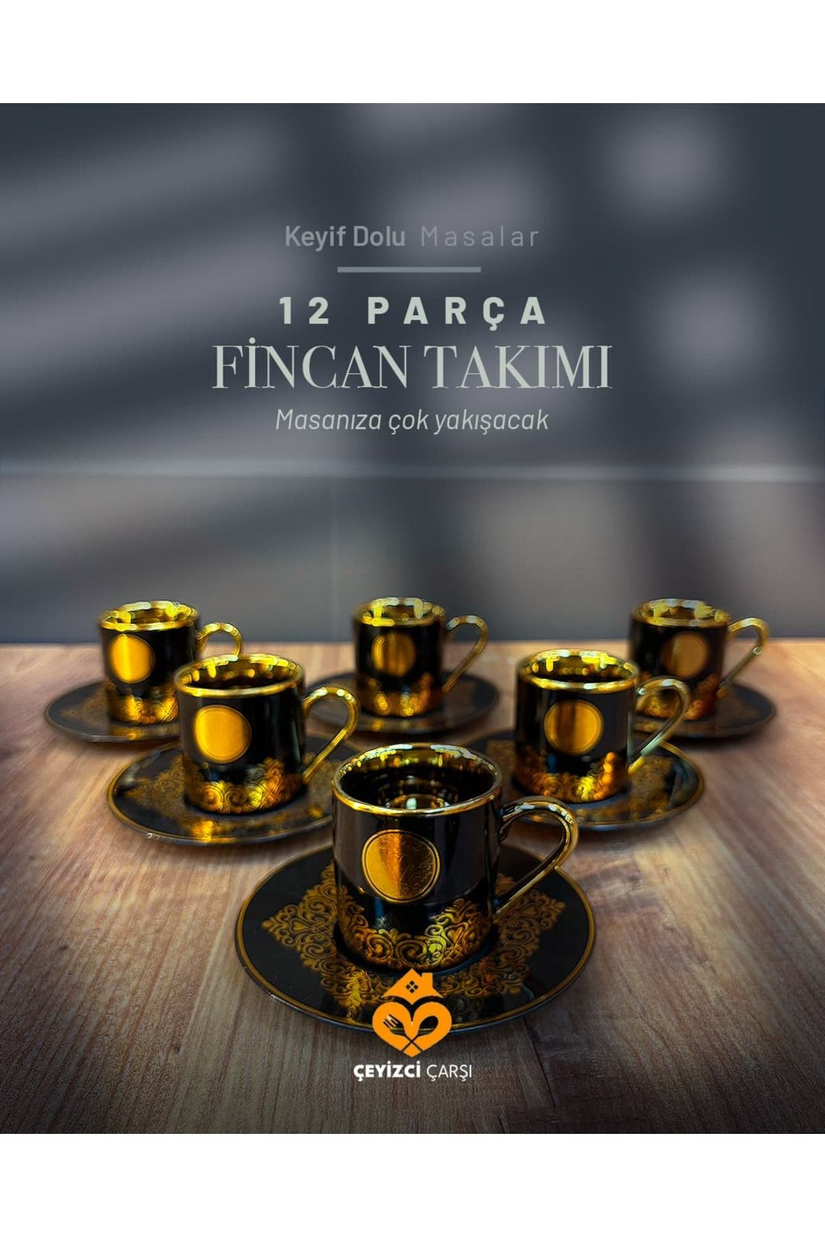 ÇEYİZCİ ÇARŞI ARADIĞIN HERŞEY TEK TIKLA 12 Parça Siyah Altın Desenli Kahve Fincan Takımı – Osmanlı Motifli Lüks Sunum Seti