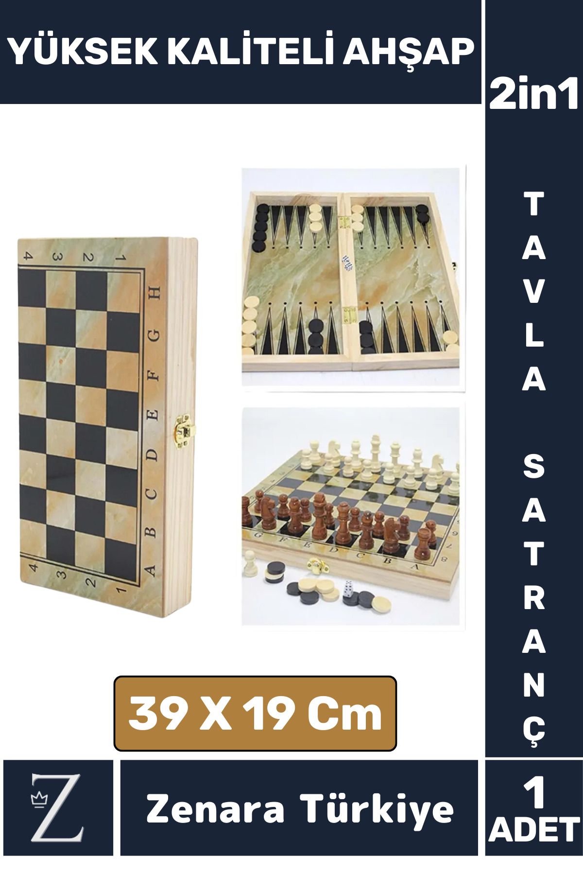 Zenara Premium Yüksek Kaliteli Ahşap Arkadaş Oyun Hediyelik Ahşap Tavla Satranç 2 in 1 Oyun Seti 39 X 19 Cm