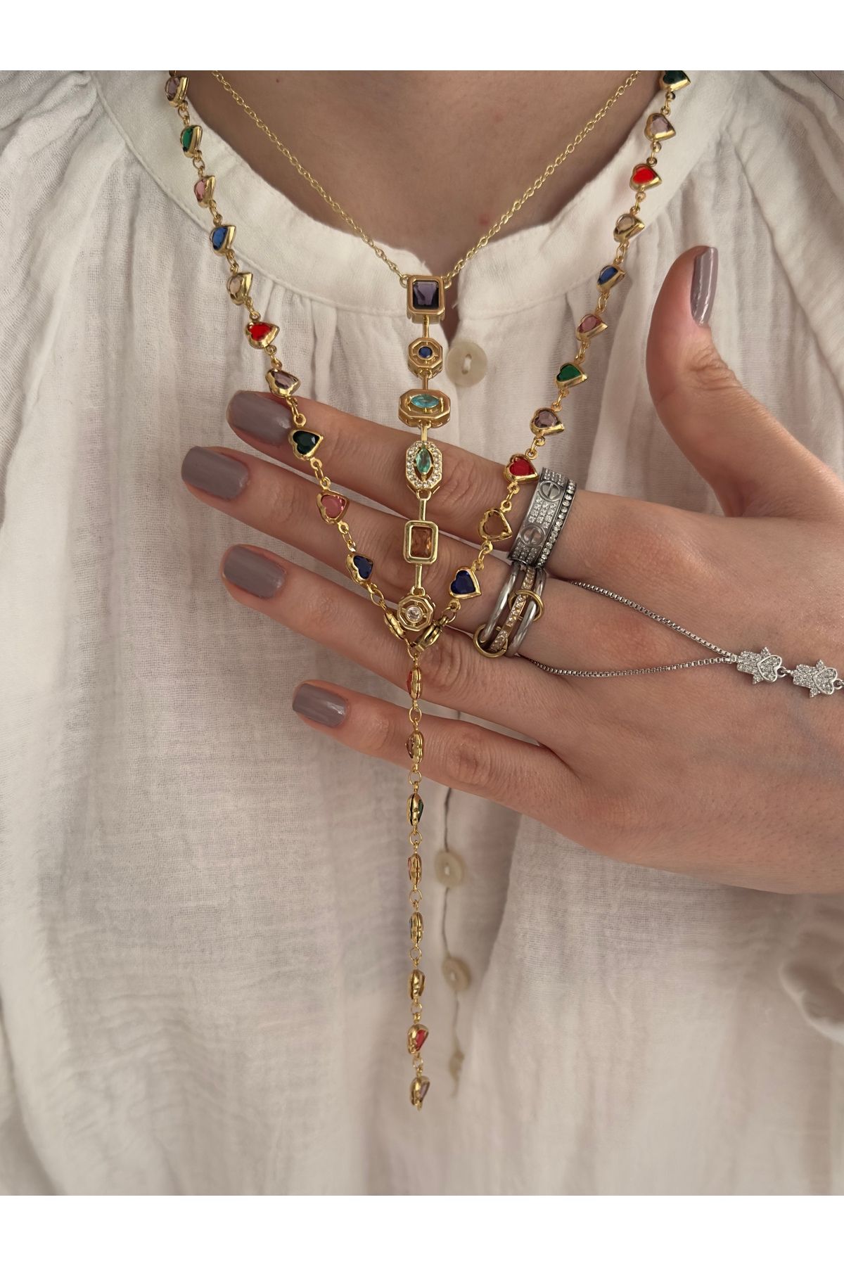 Opia JEWELRY - Kalp Model Rainbow "Y" Kolye