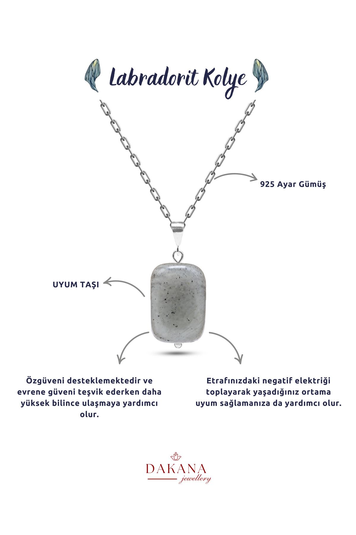 DAKANA JEWELLERY Sertifikalı Oval Kesim Labradorit Doğal Taş Gümüş Kolye