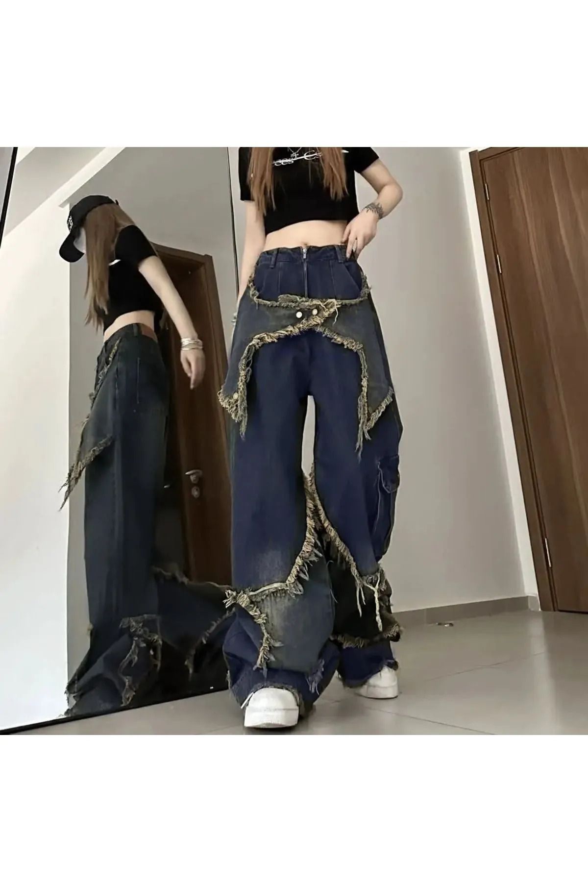 Gofeel Tech Aesthetic Y2k Stars Patch Detay Yıkamalı Pantolon