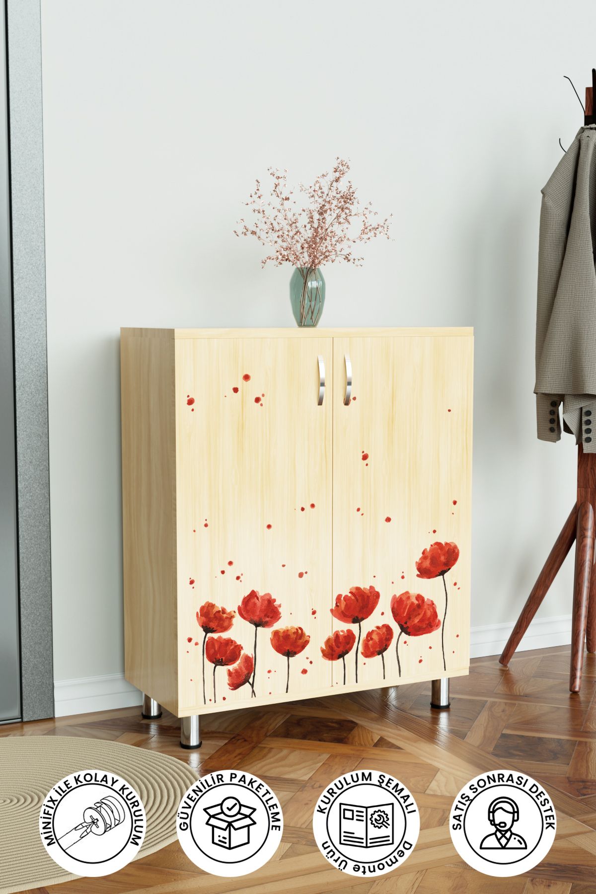 Hediyeler Kapında Red Anemone 4 Raflı Ayakkabılık Antre Hol Çok Amaçlı Ayakkabı Dolabı