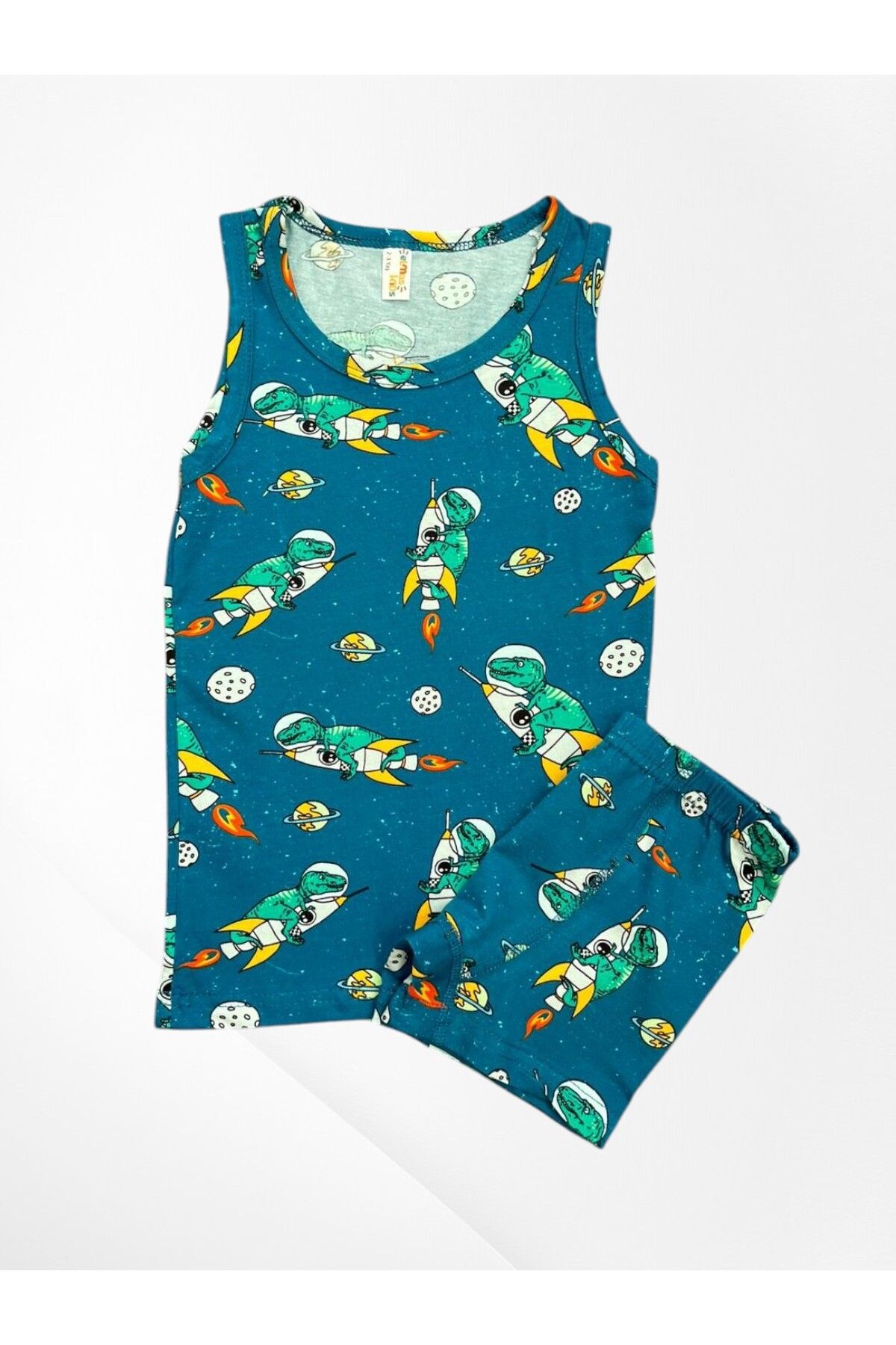 elmas kids-Boy's 100% Cotton Petrol Green Color Space Rocket Patterned Tank Top Boxer Set with Stitched Mesh Part 2