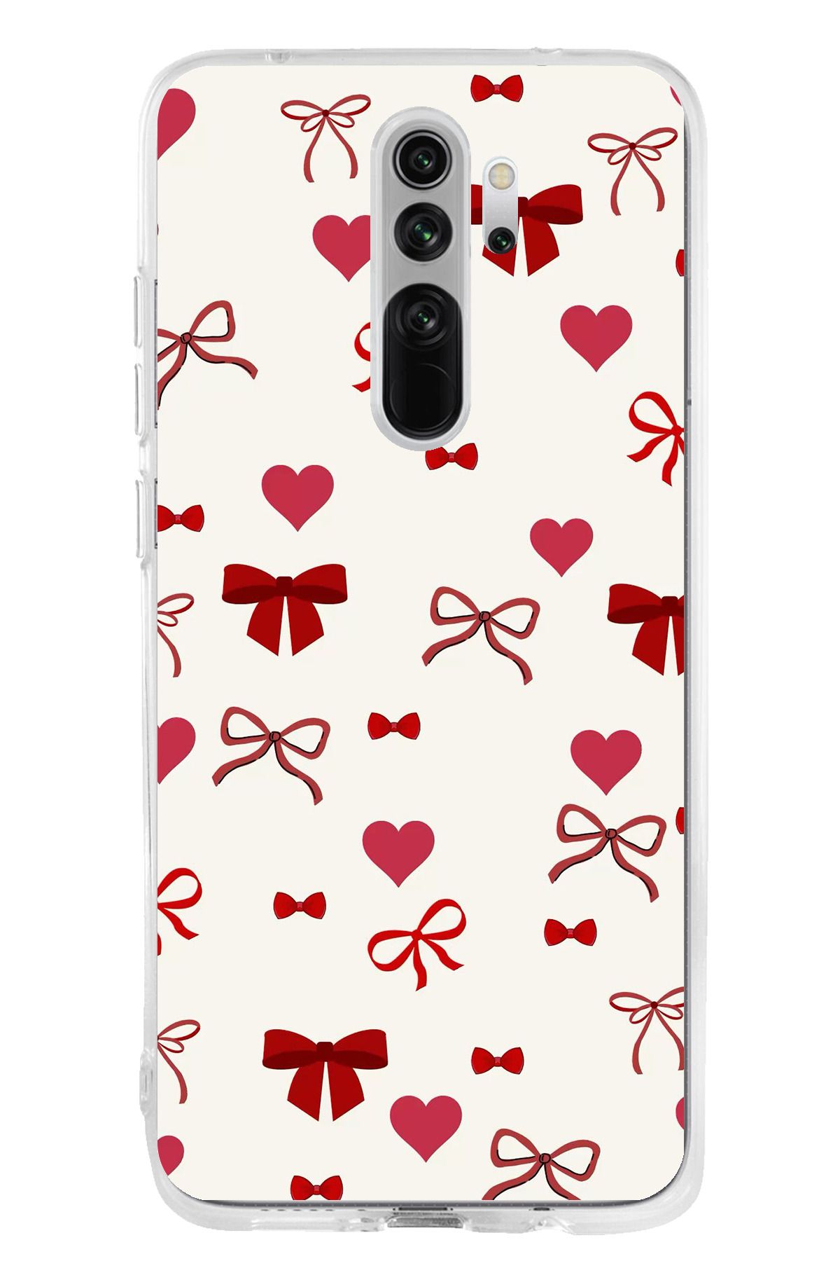 TechTree Redmi Note 8 Pro Uyumlu Bordo Kalp ve Fiyonklar Şeffaf Silikon Kılıf