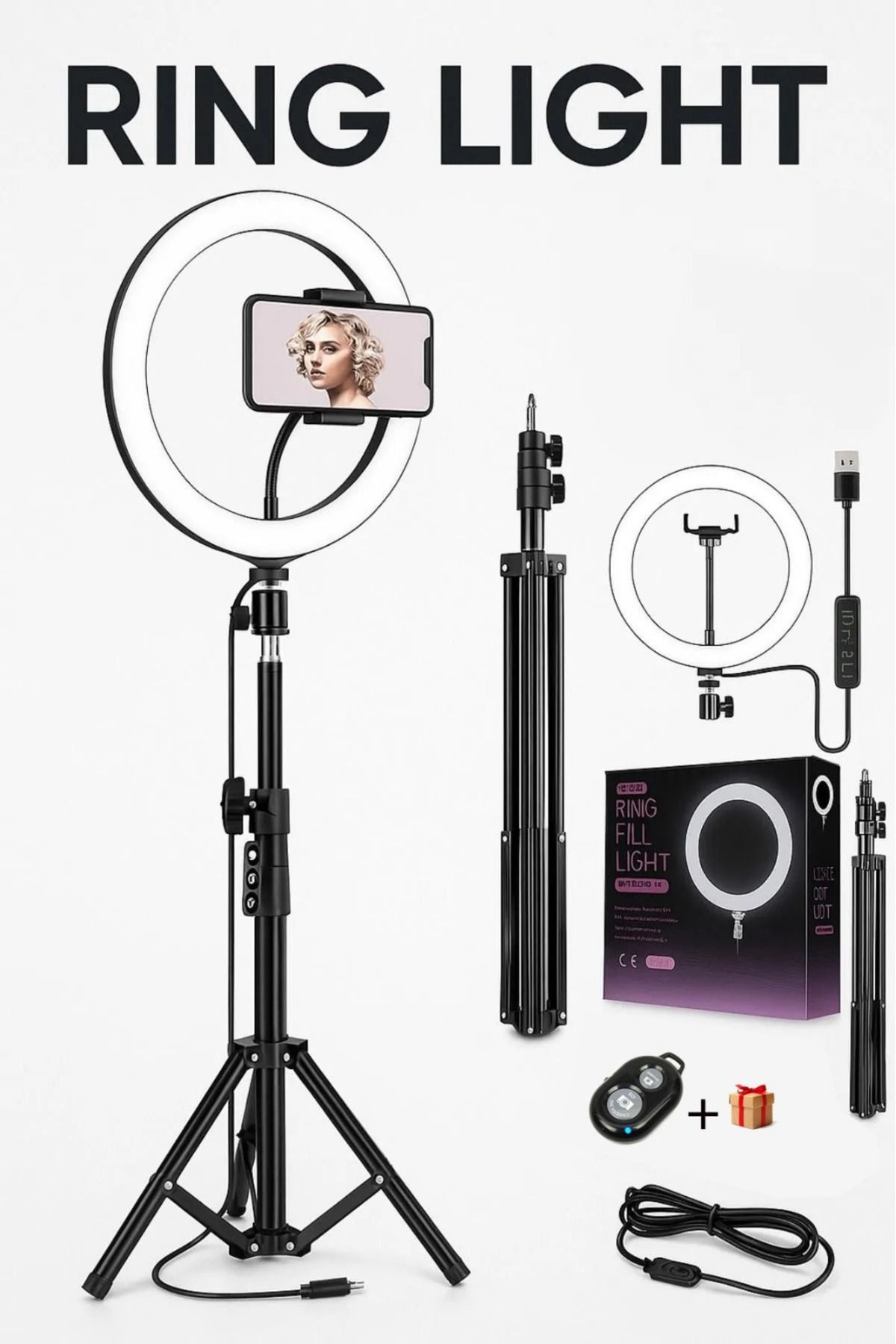 Aırstorr Kumandalı Youtube Tiktok Çekim 3 Işıklı Telefon Tutucu Makyaj Işığı Ring Light 10Inç+2.1M Tripod