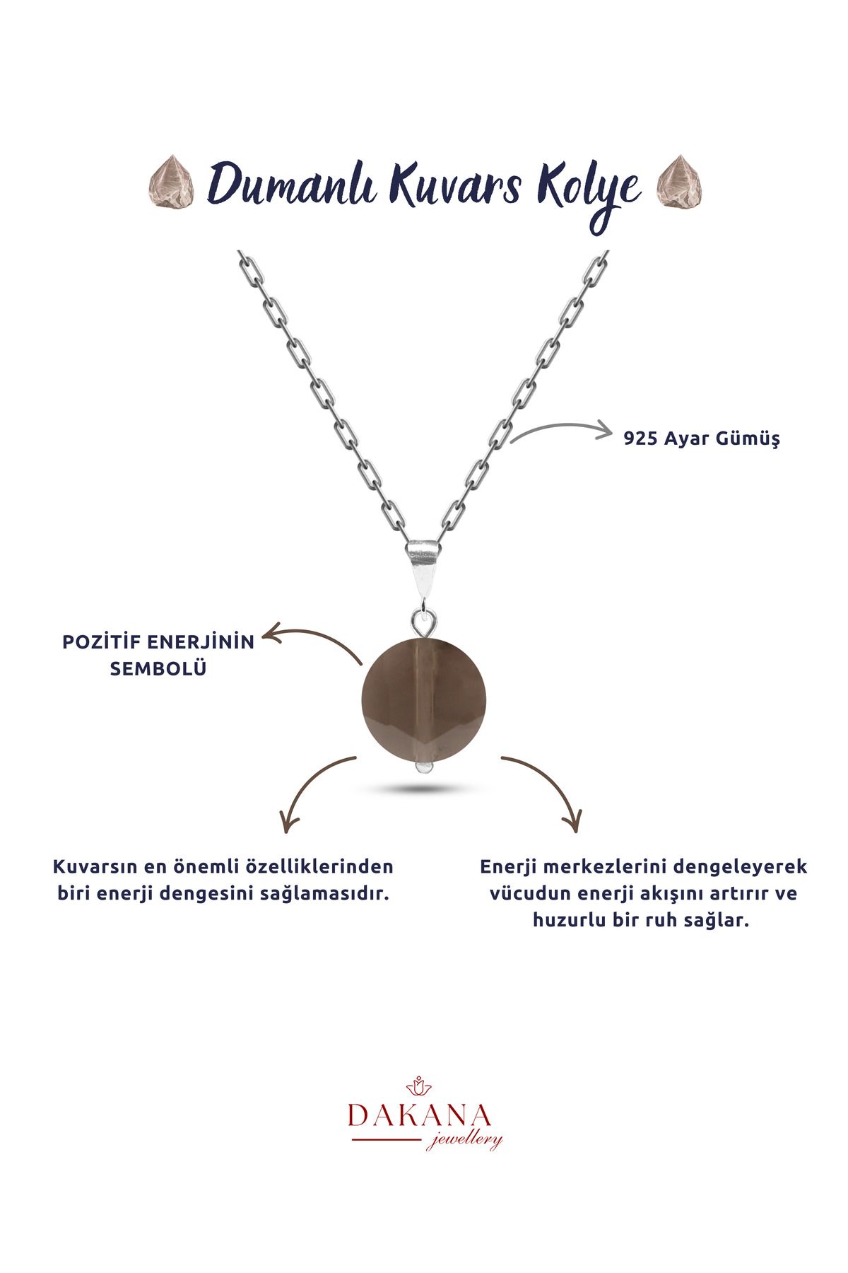 DAKANA JEWELLERY Sertifikalı Faset Kesim Dumanlı Kuvars Doğal Taş Gümüş Kolye