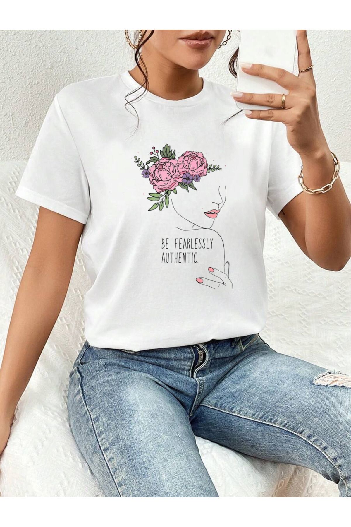 ELNOYA Pamuklu Beyaz Oversize Tişört Be Fearlessly Authentic Baskılı Rahat Günlük T-shirt