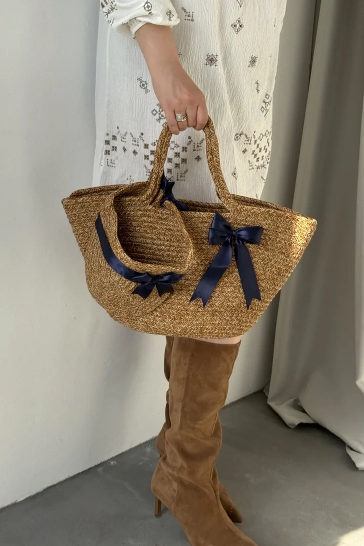 LEONAS Şapka Hediyeli Handmade Hasır El ve Omuz Çanta Marlove Lacivert