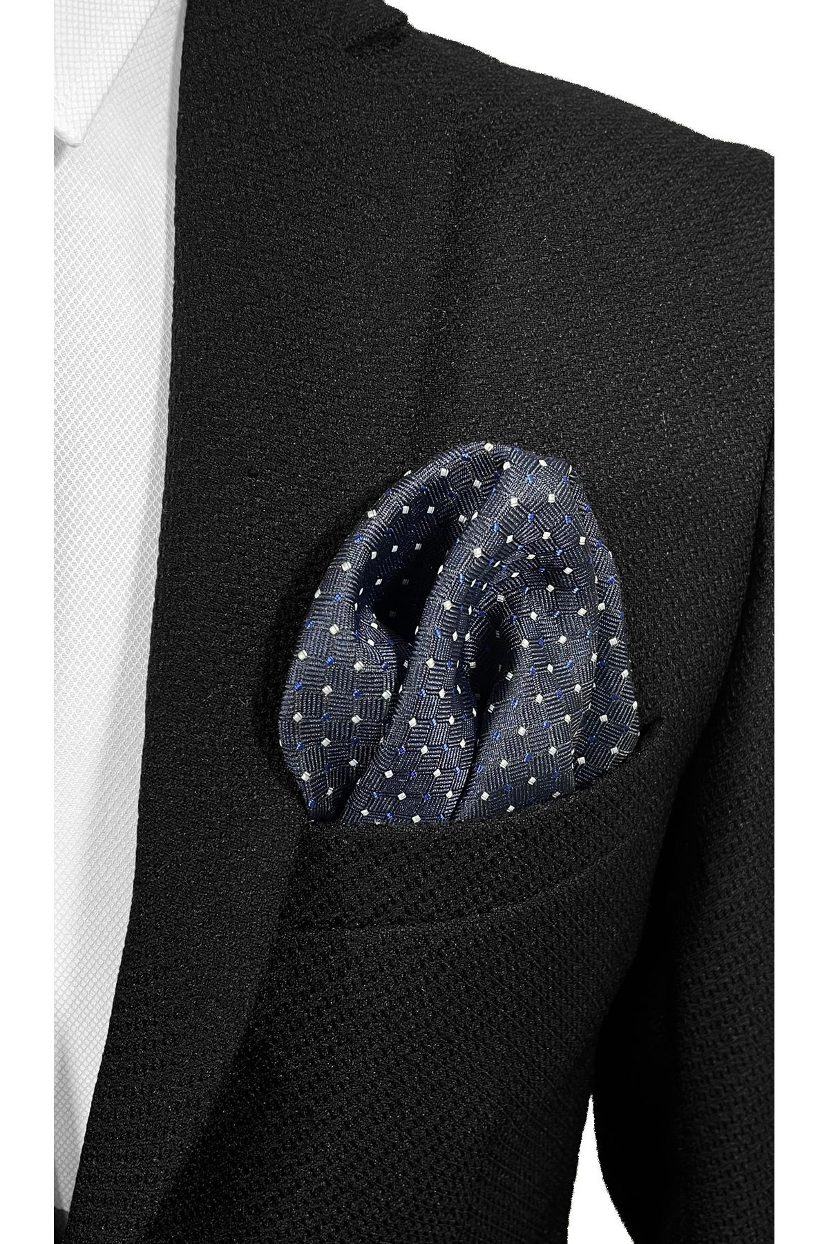 BLC Basic Line Co.-Stylish Microfiber Tie and Pocket Square Set with Navy Blue Background White & Blue Square Pattern – 7 cm 5