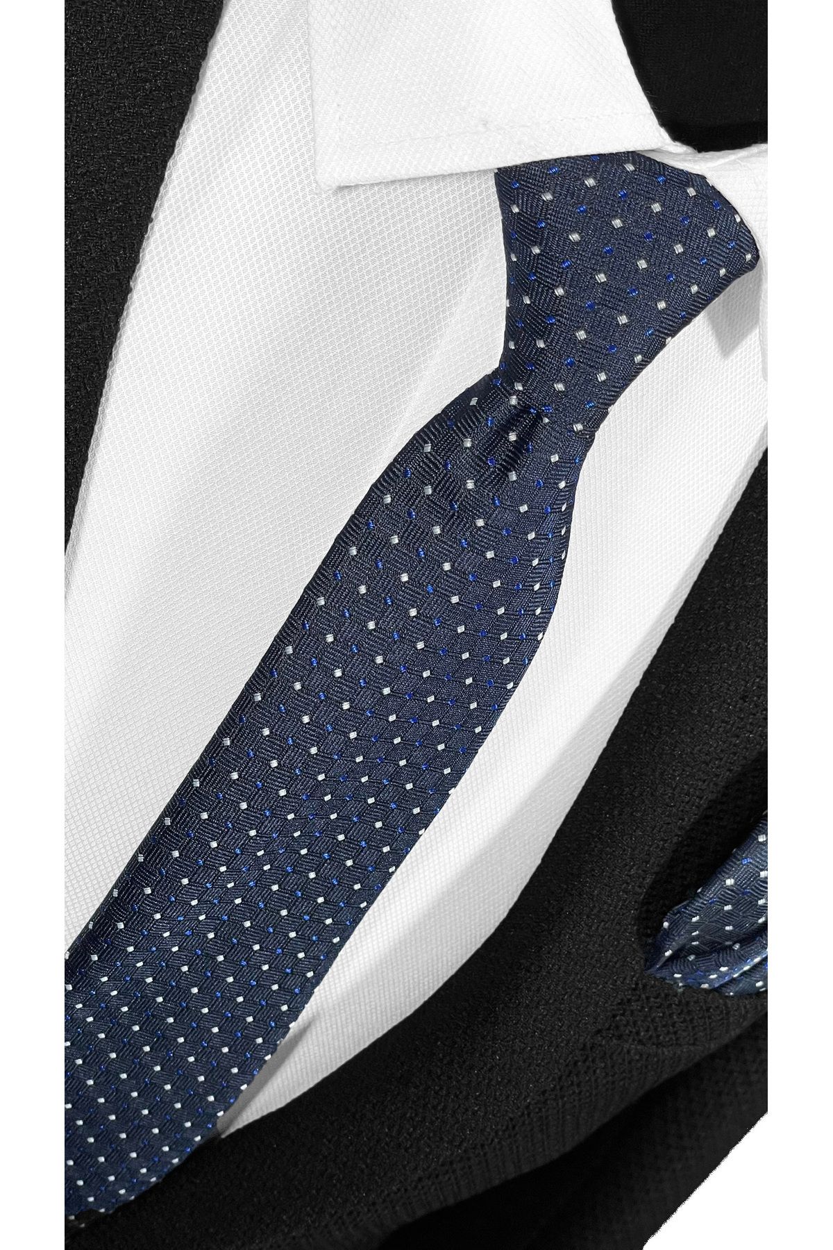 BLC Basic Line Co.-Stylish Microfiber Tie and Pocket Square Set with Navy Blue Background White & Blue Square Pattern – 7 cm 4