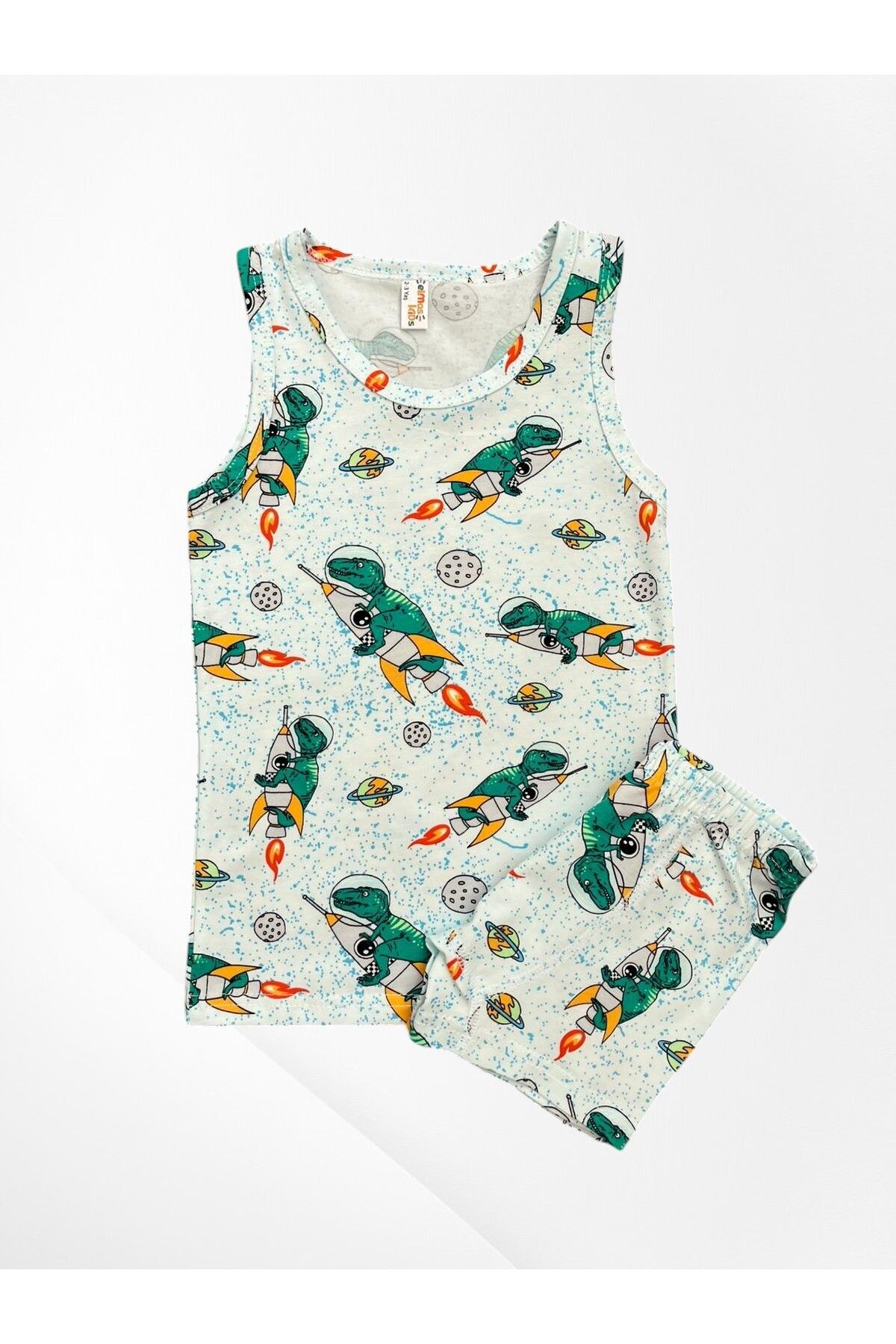 elmas kids-Boy's 100% Cotton Blue Color Space Rocket Dinosaur Patterned Mesh Part Stitched Undershirt Boxer Set 2