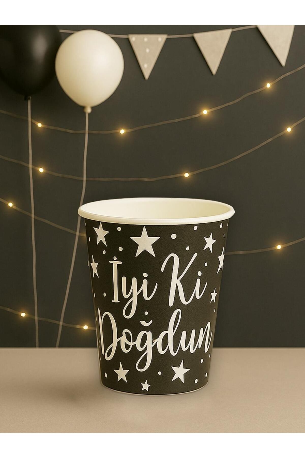 Parti Adresi Karton Bardak Doğum Günü Parti Bardağı Gümüş İyi ki Doğdun Yazılı Siyah 8'li