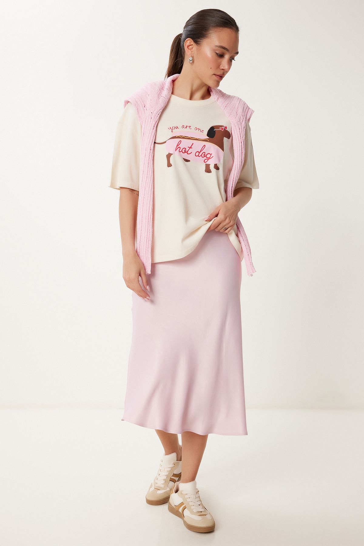 Saten Midi Etek PEMBE LHC0013