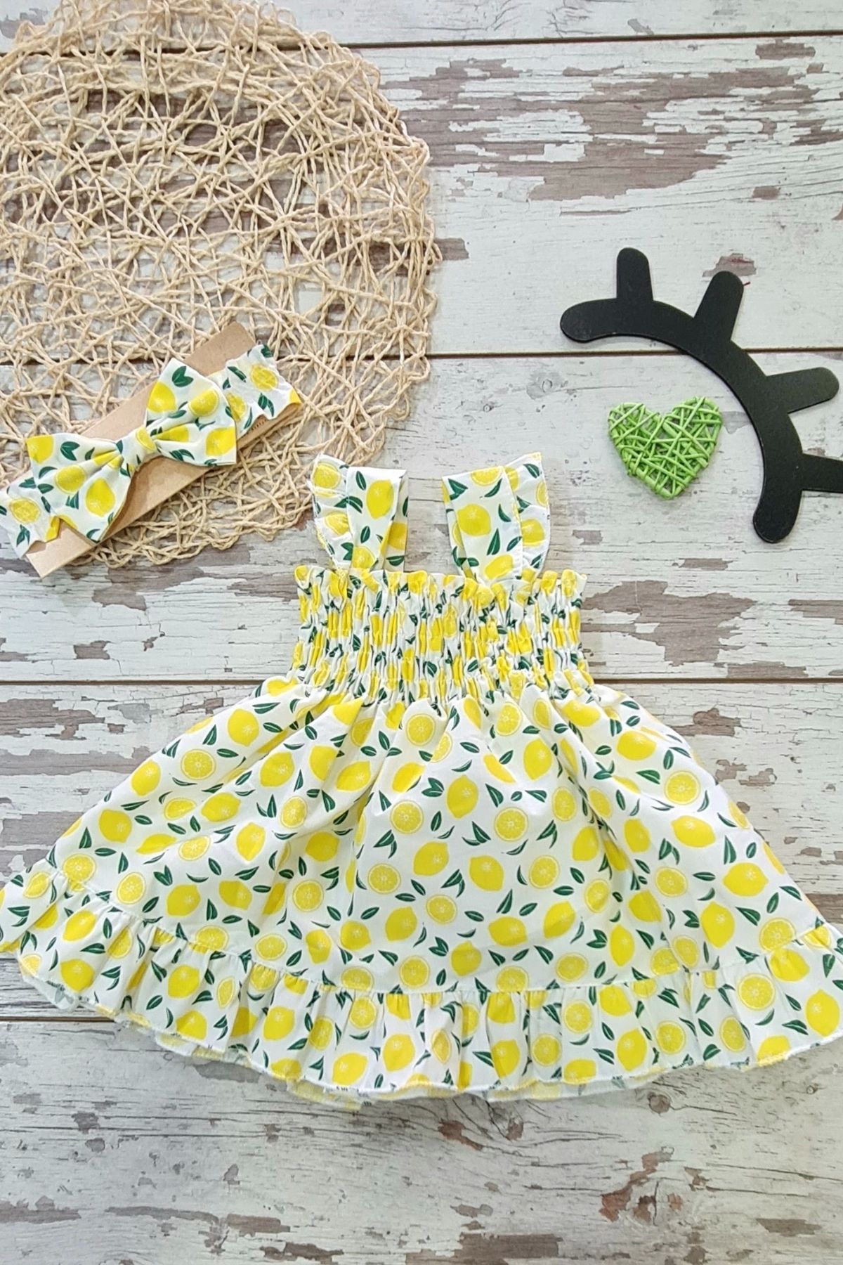 PRATİKOBA Limon Baskılı Yazlık Sarı Kız Çocuk Asklılı Kolsuz Elbise