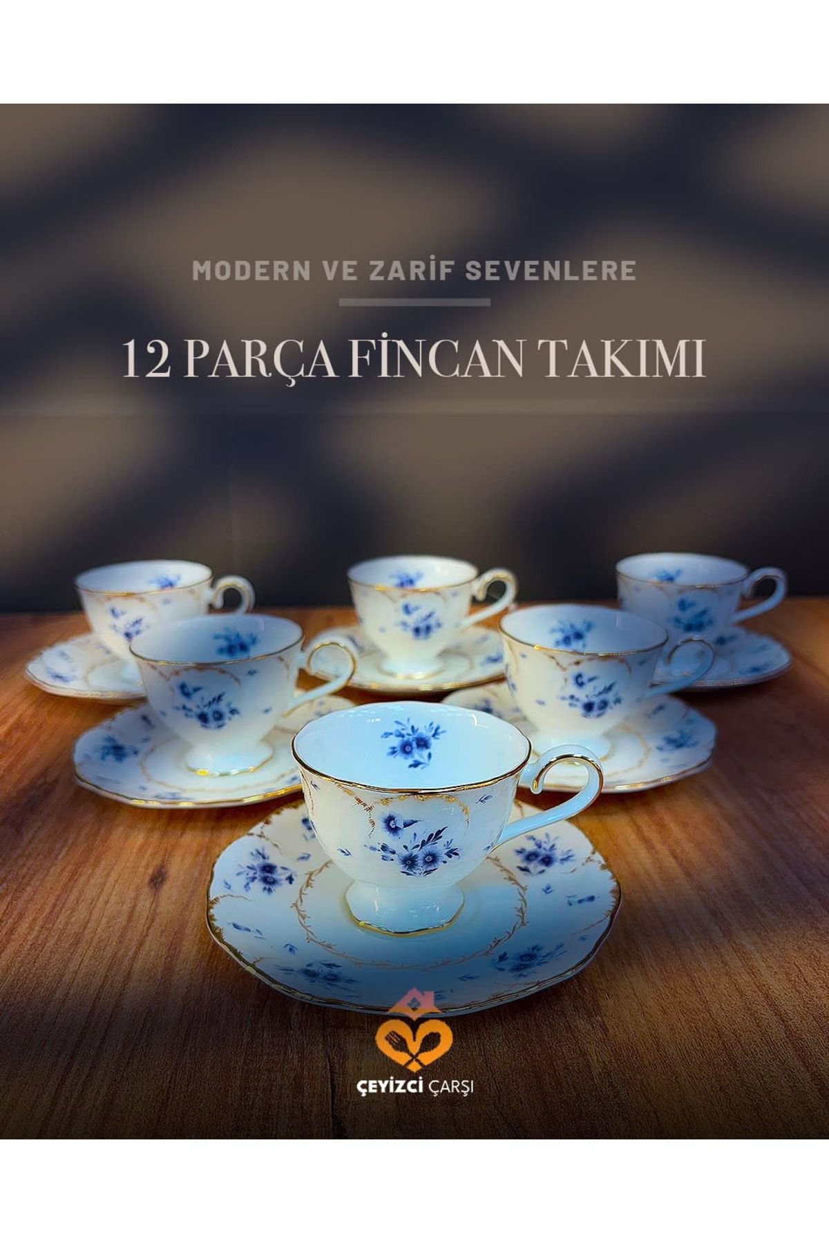 ÇEYİZCİ ÇARŞI ARADIĞIN HERŞEY TEK TIKLA 12 Parça Mavi Çiçek Desenli Porselen Kahve Fincan Takımı – Altın Yaldızlı Klasik Çeyizlik Set