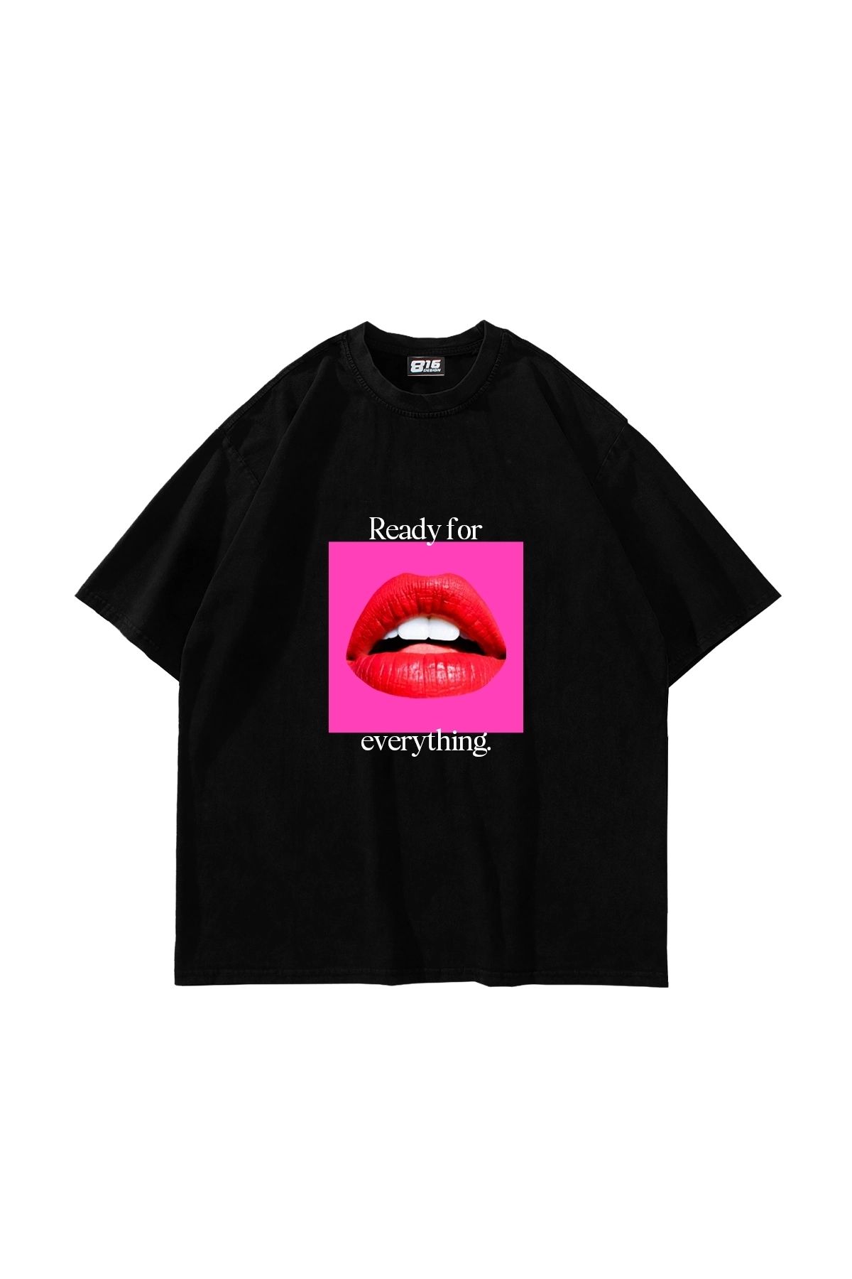 Sekizbiraltı Ready For Everything Baskılı Oversize Unisex Siyah Tshirt