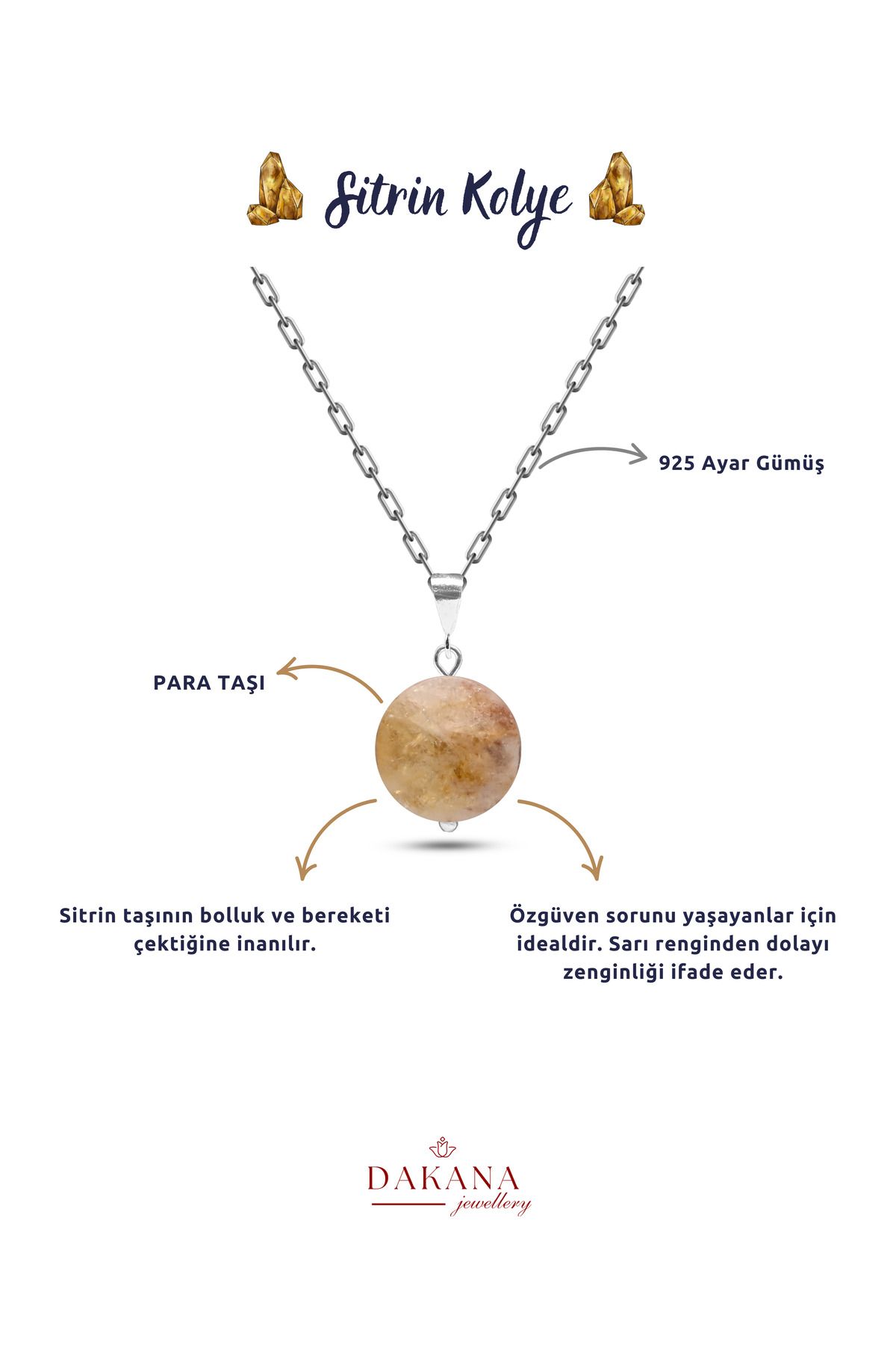 DAKANA JEWELLERY Sertifikalı Faset Kesim Sitrin Doğal Taş Gümüş Kolye