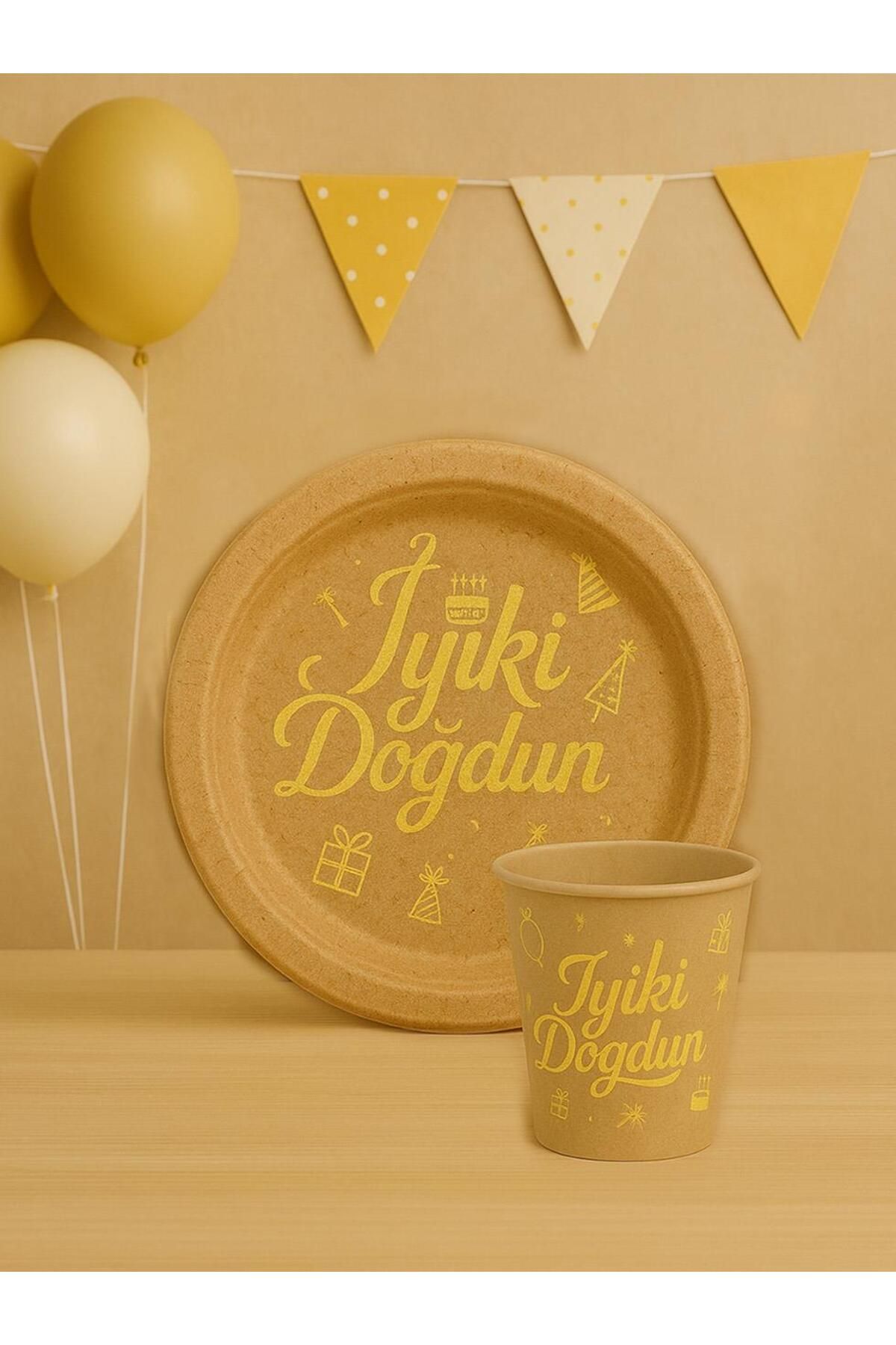 Parti Adresi İyi Ki Doğdun Yazılı Doğum Günü Parti Tabak Bardak Set Kraft 8'li